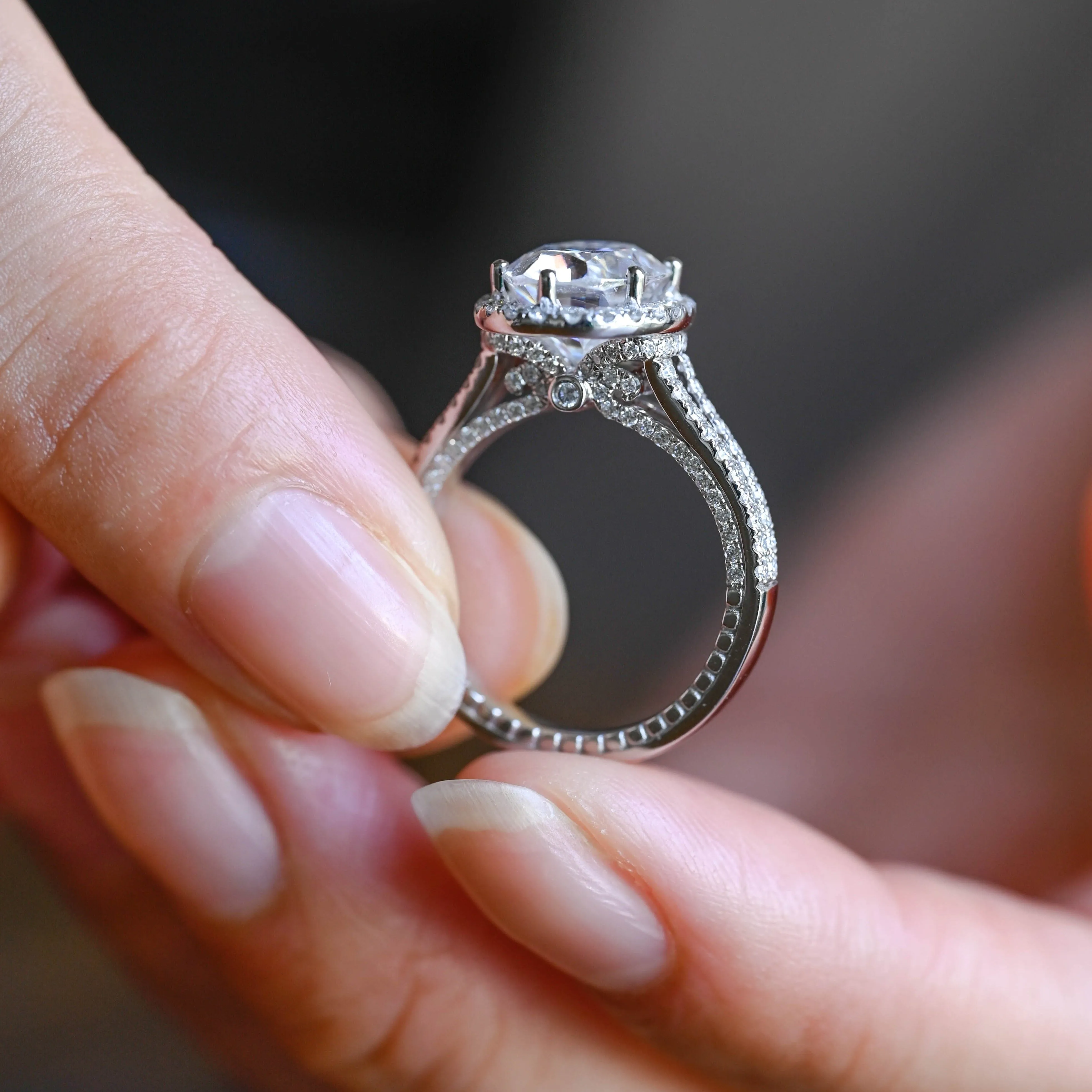 Solid Gold Split Shank Halo Oval Cut Moissanite Engagement Ring sold by Causyou product image thumbnail 3