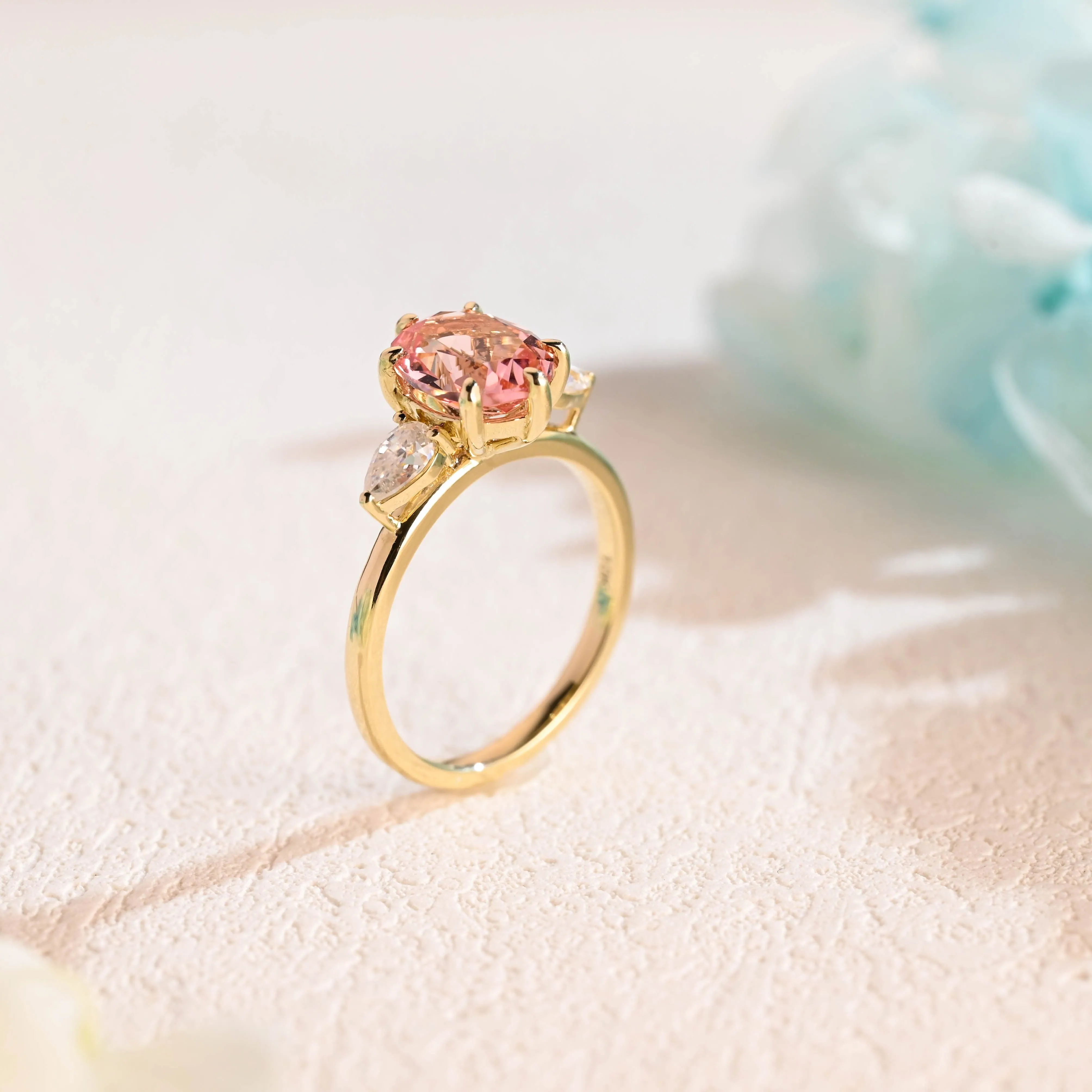 Solid Gold Three Stone Oval Cut Lab Grown Pink Sapphire Engagement Ring sold by Causyou product image thumbnail 5