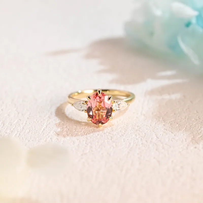 Solid Gold Three Stone Oval Cut Lab Grown Pink Sapphire Engagement Ring sold by Causyou