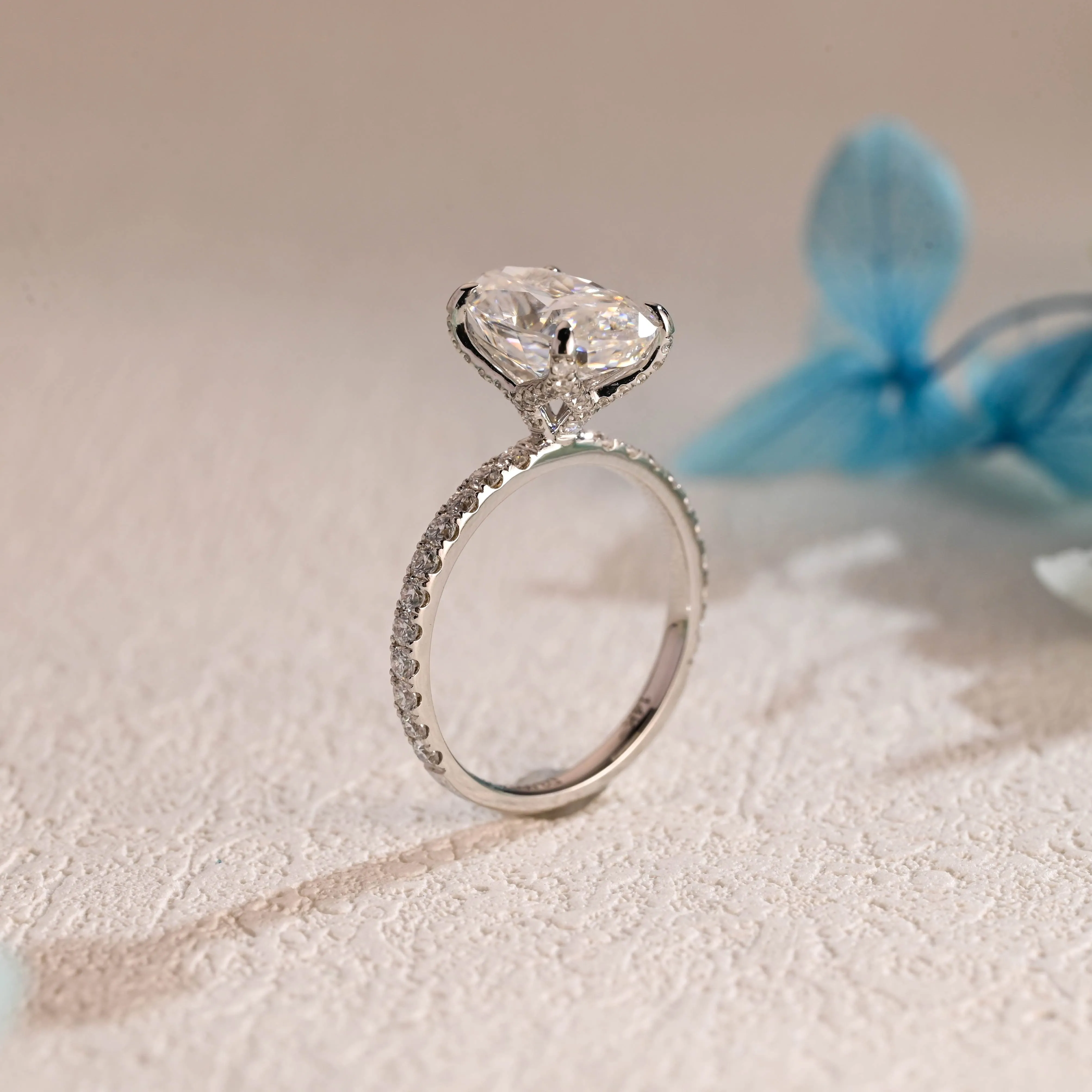 Solid Gold Paved Tulip Setting Oval Cut Moissanite Engagement Ring sold by Causyou