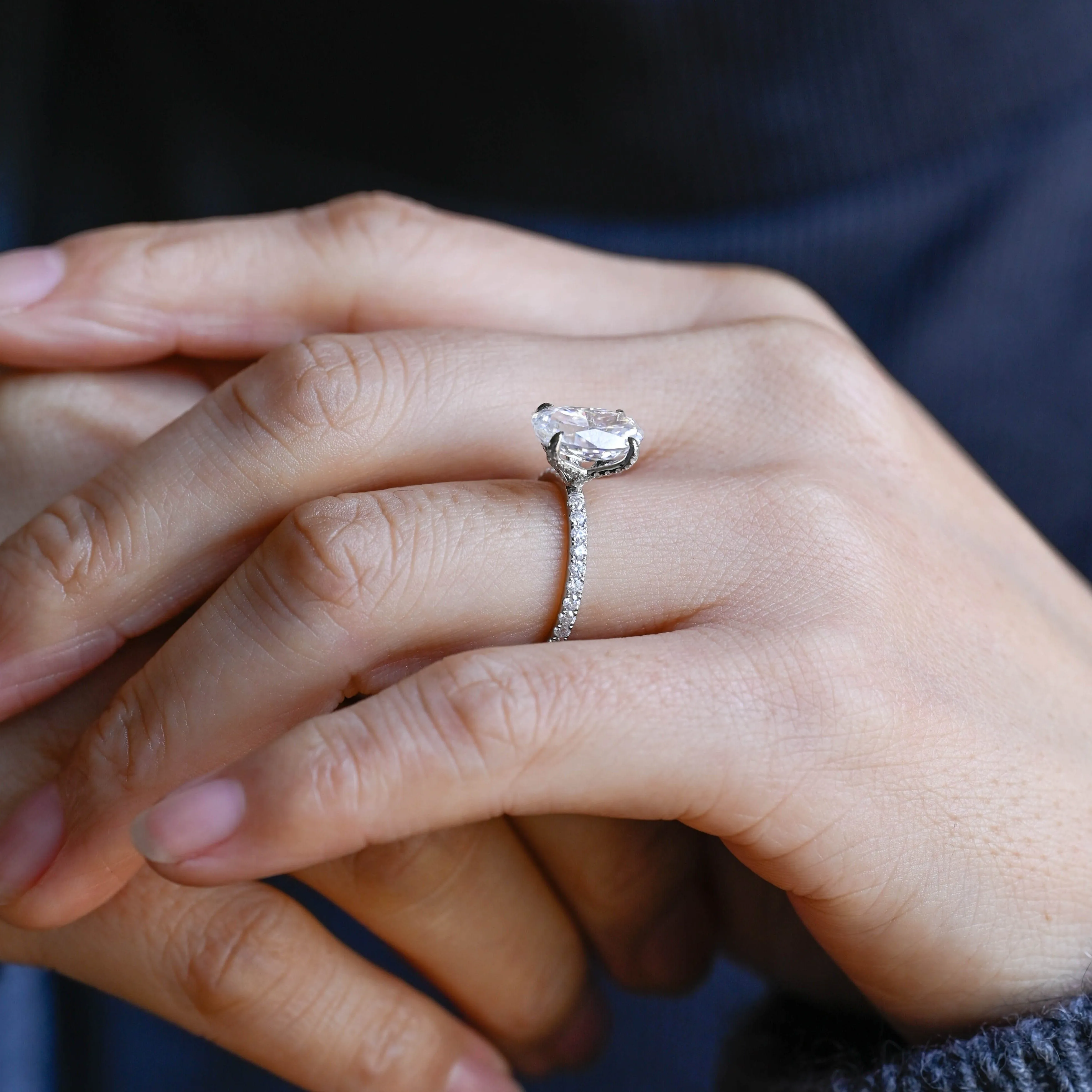 Solid Gold Paved Tulip Setting Oval Cut Moissanite Engagement Ring sold by Causyou product image thumbnail 4