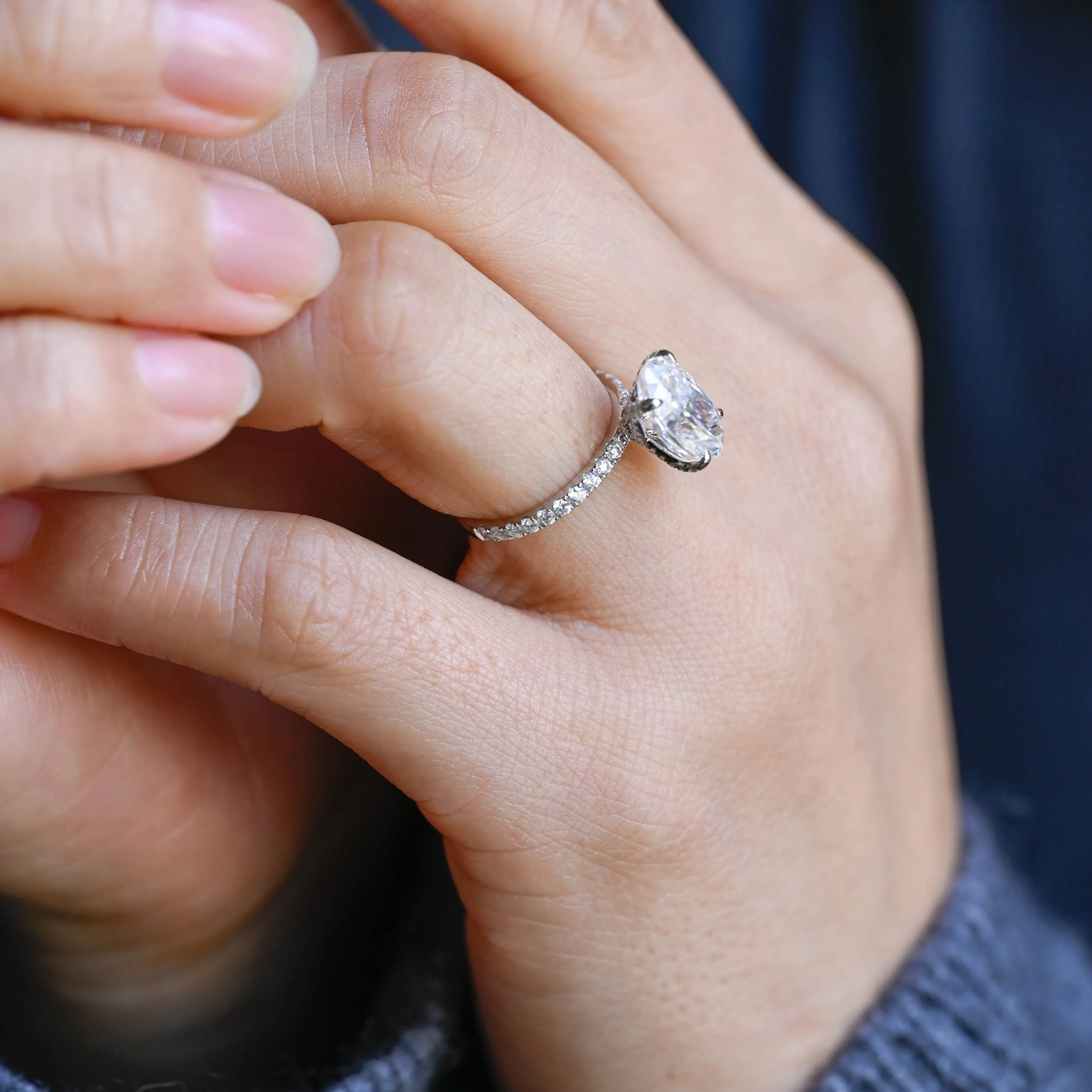 Solid Gold Paved Tulip Setting Oval Cut Moissanite Engagement Ring sold by Causyou product image thumbnail 3