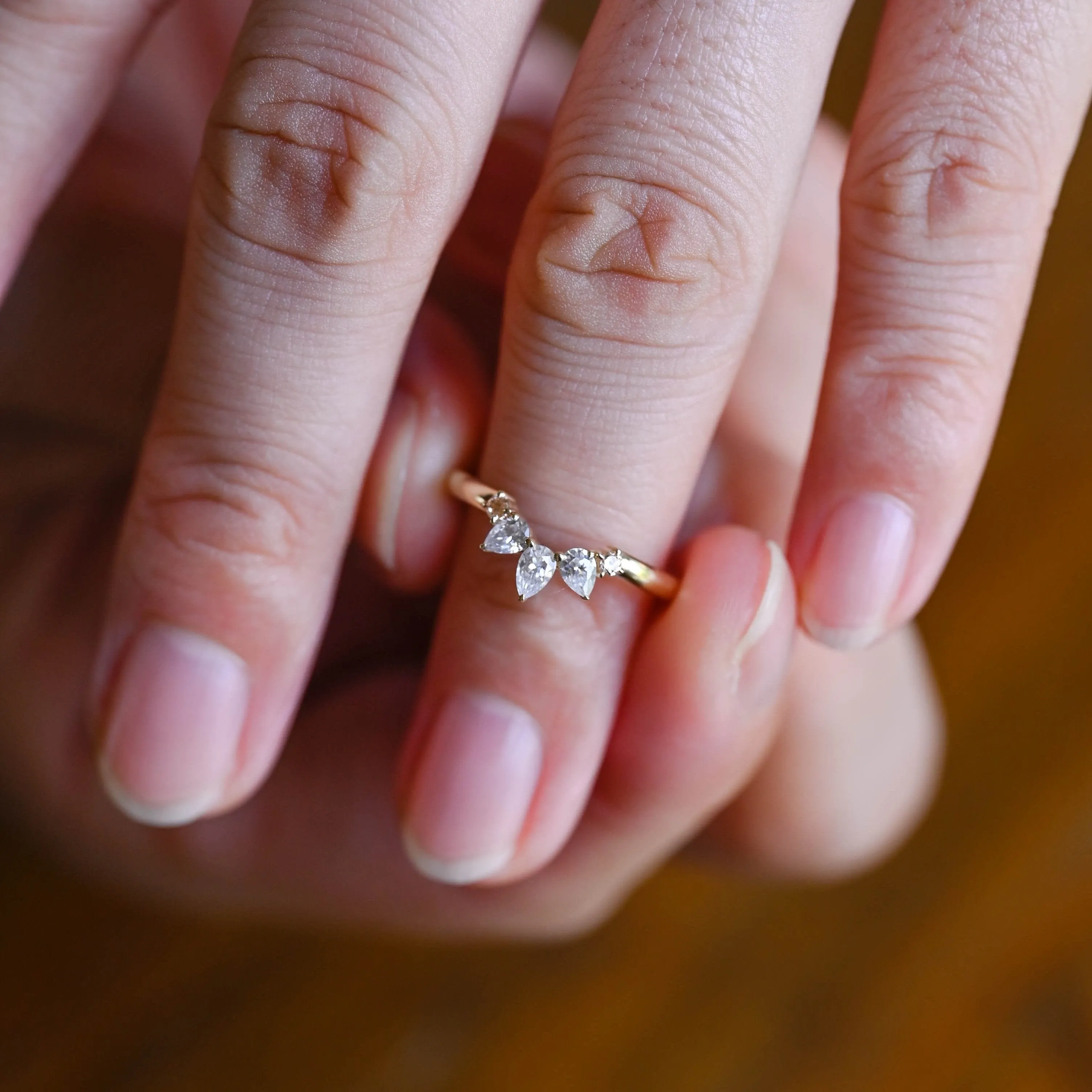 Solid Gold Curved Pear Moissanite Wedding Band with Pink Round Gems sold by Causyou product image thumbnail 2