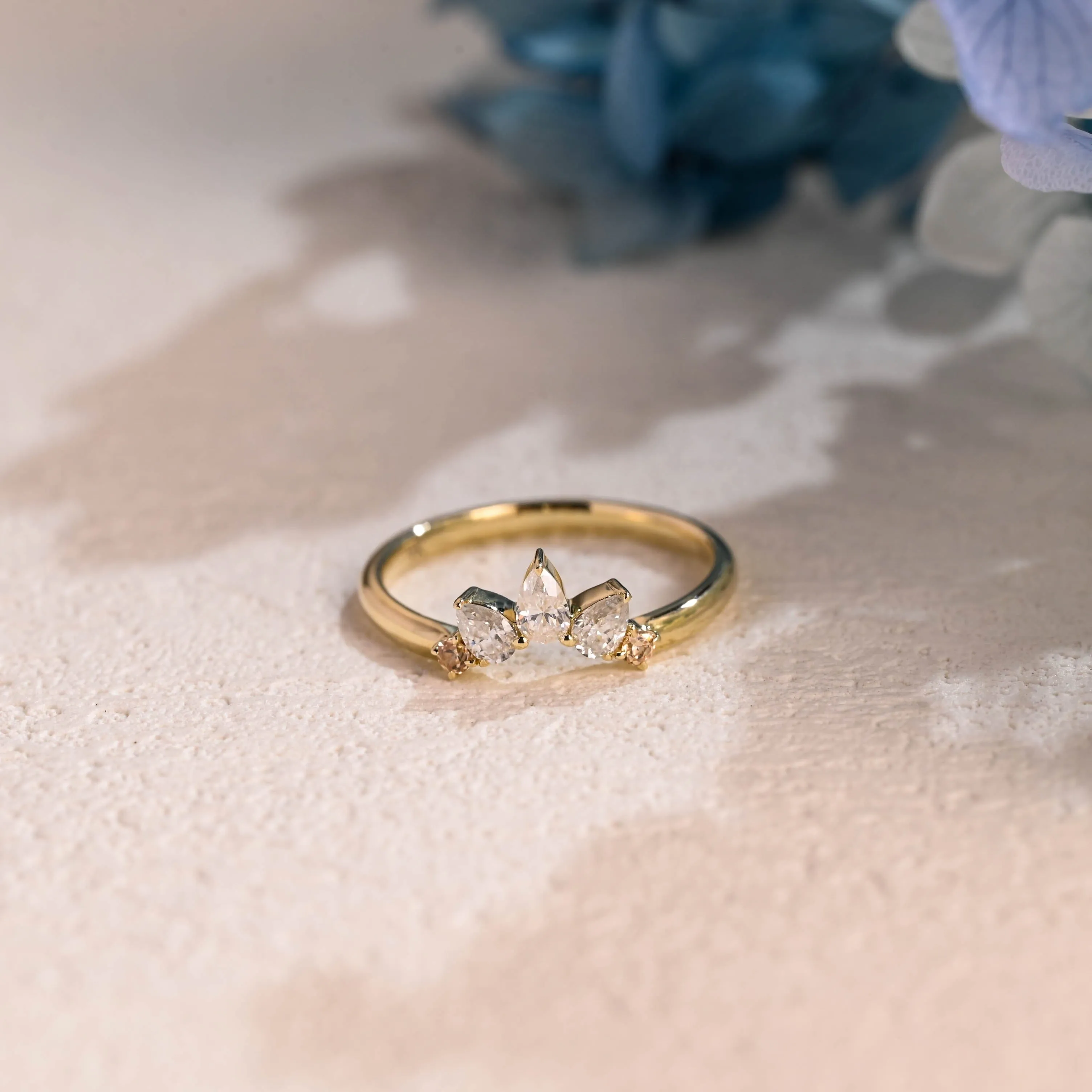 Solid Gold Curved Pear Moissanite Wedding Band with Pink Round Gems sold by Causyou