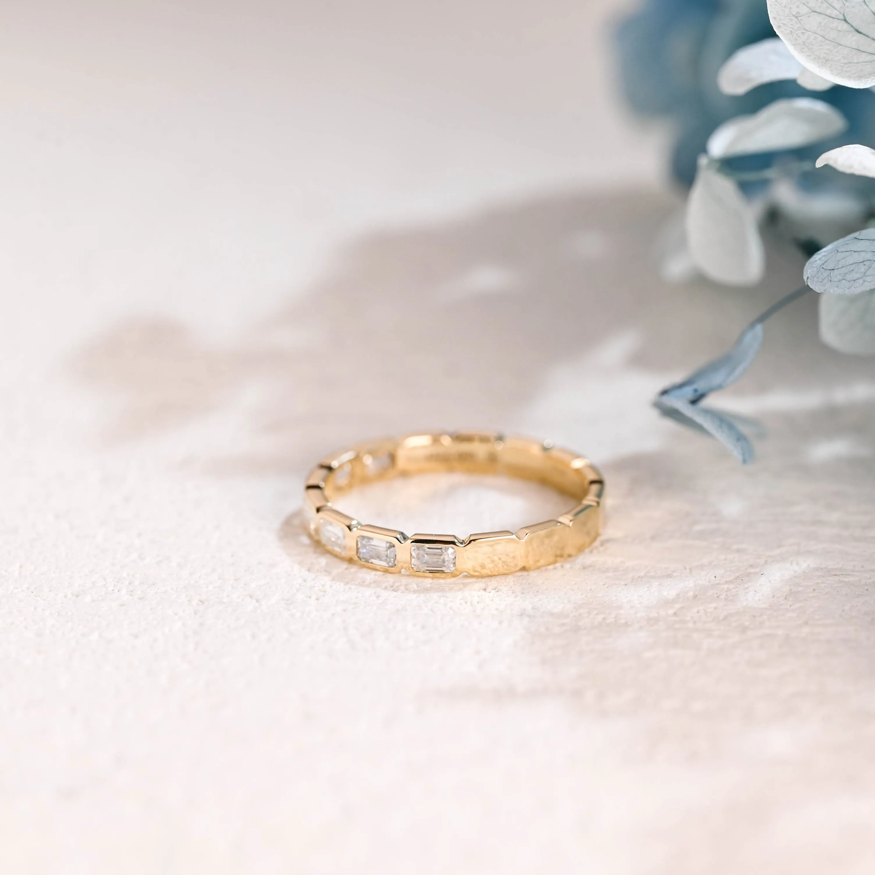 Solid Gold Half Eternity Bezel 3mm Width Emerald Cut Moissanite Wedding Band sold by Causyou product image thumbnail 5