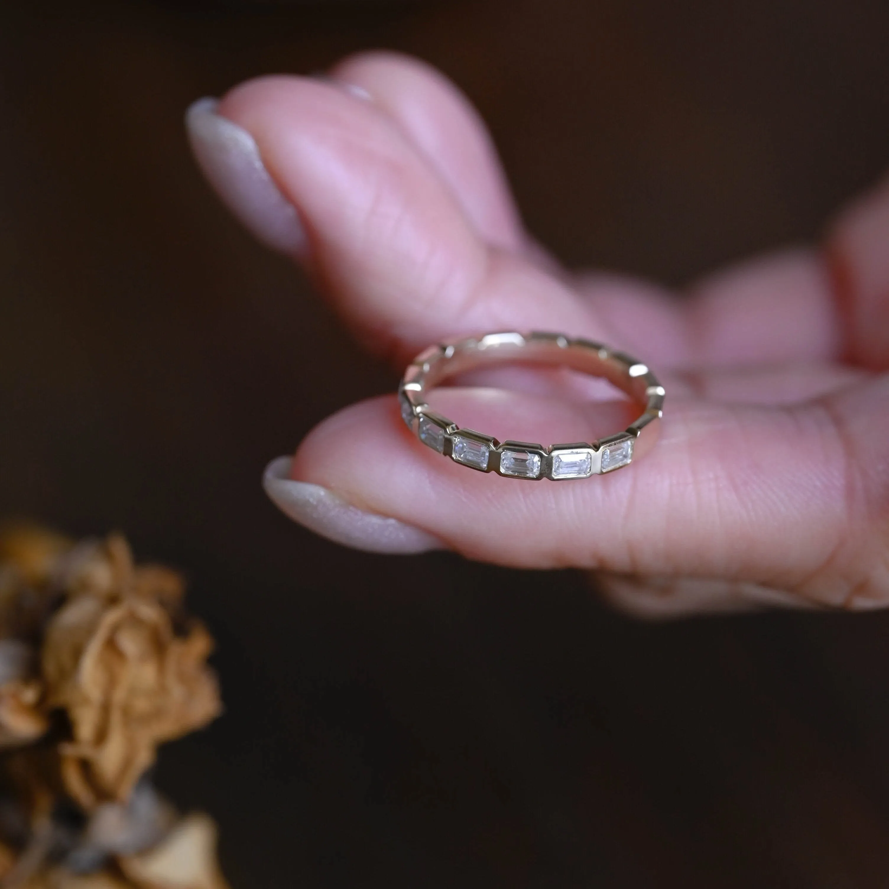 Solid Gold Half Eternity Bezel 3mm Width Emerald Cut Moissanite Wedding Band sold by Causyou product image thumbnail 4