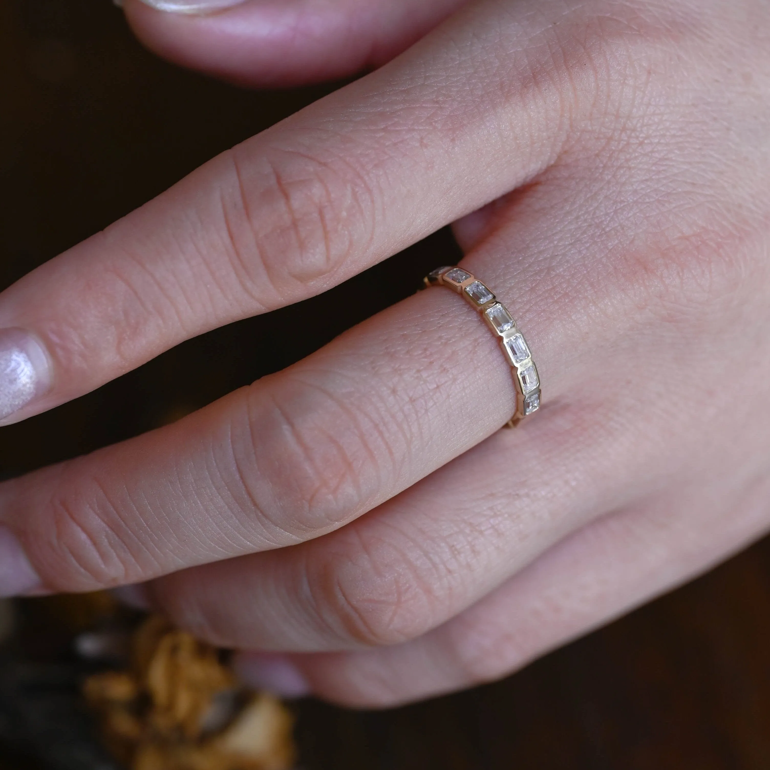 Solid Gold Half Eternity Bezel 3mm Width Emerald Cut Moissanite Wedding Band sold by Causyou product image thumbnail 3