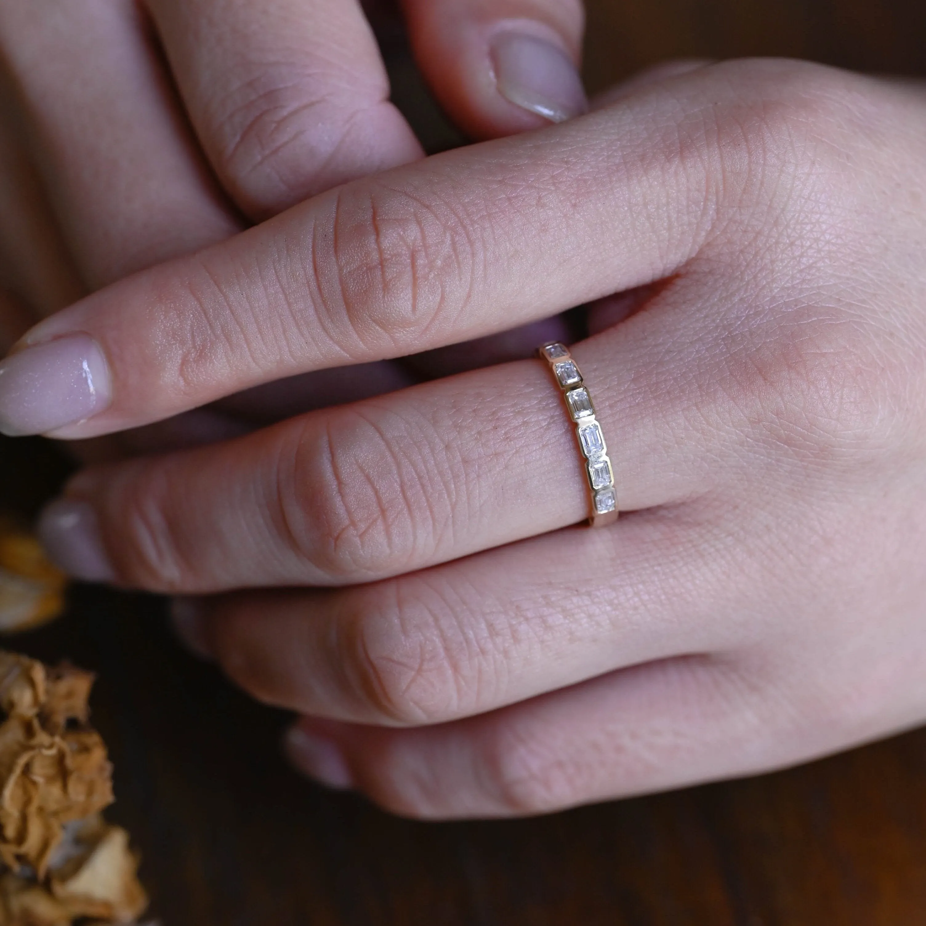 Solid Gold Half Eternity Bezel 3mm Width Emerald Cut Moissanite Wedding Band sold by Causyou product image thumbnail 2