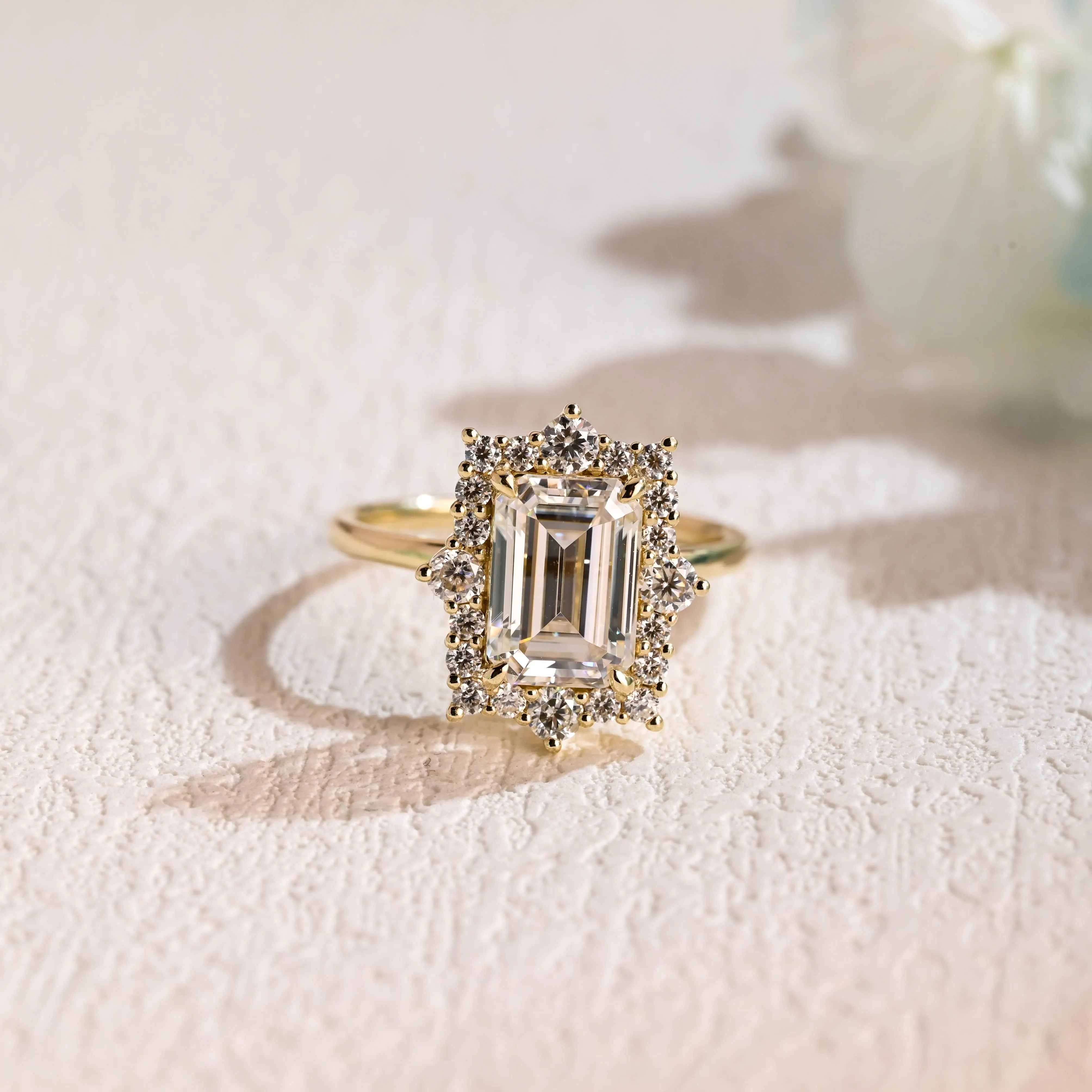 Solid Gold Halo Emerald Cut Moissanite Engagement Ring sold by Causyou