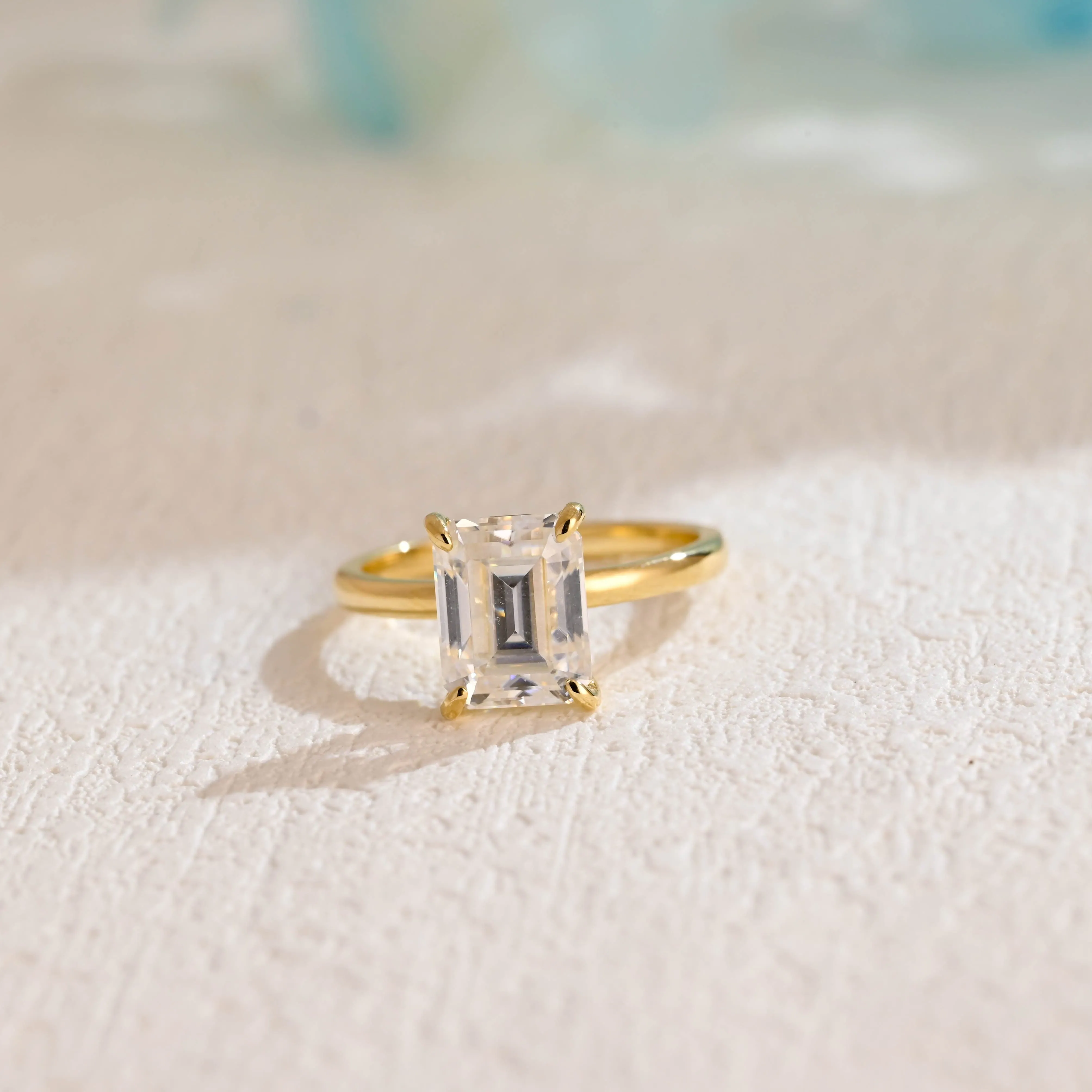 Solid Gold Hidden Halo Emerald Cut Moissanite Engagement Ring sold by Causyou