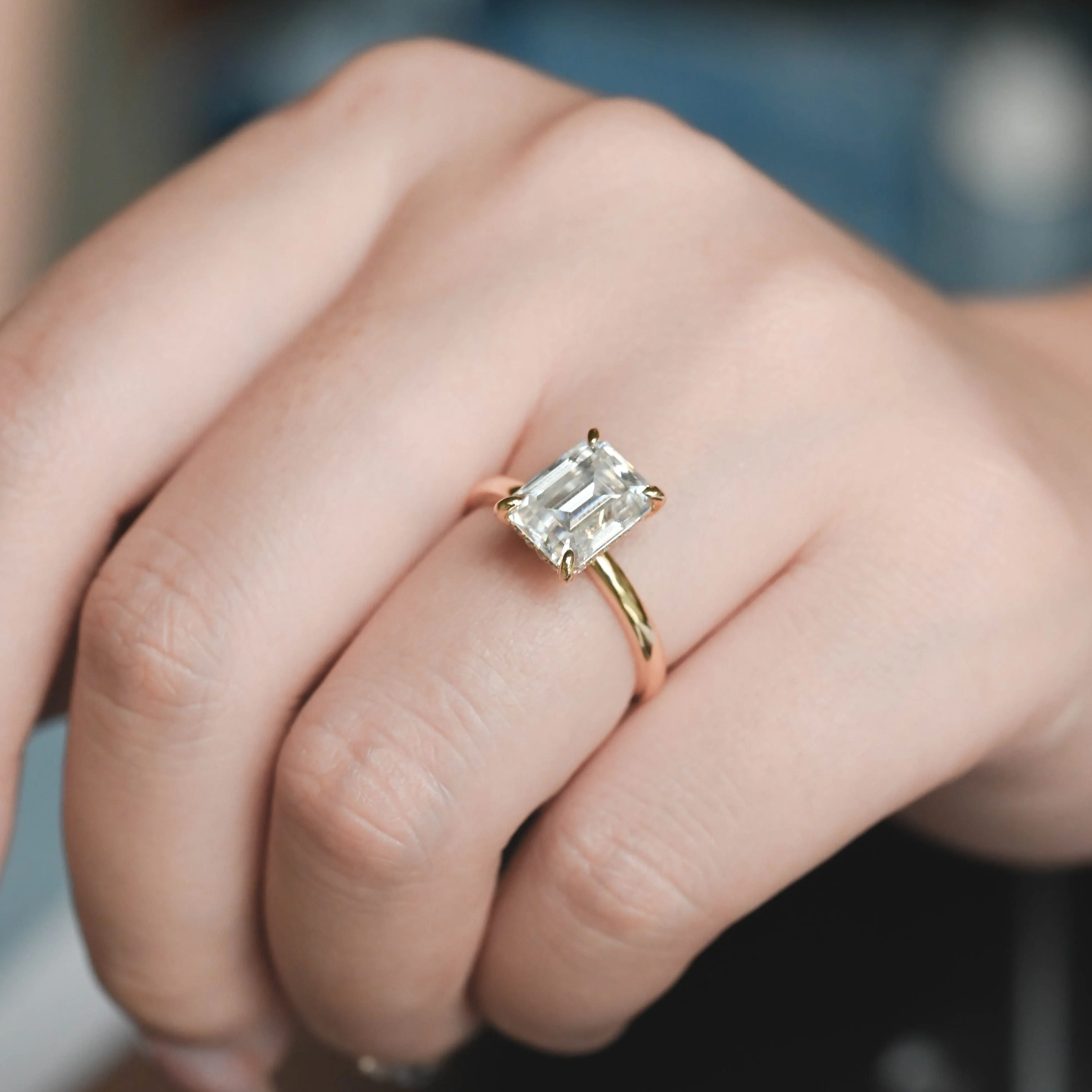 Solid Gold Hidden Halo Emerald Cut Moissanite Engagement Ring sold by Causyou product image thumbnail 2
