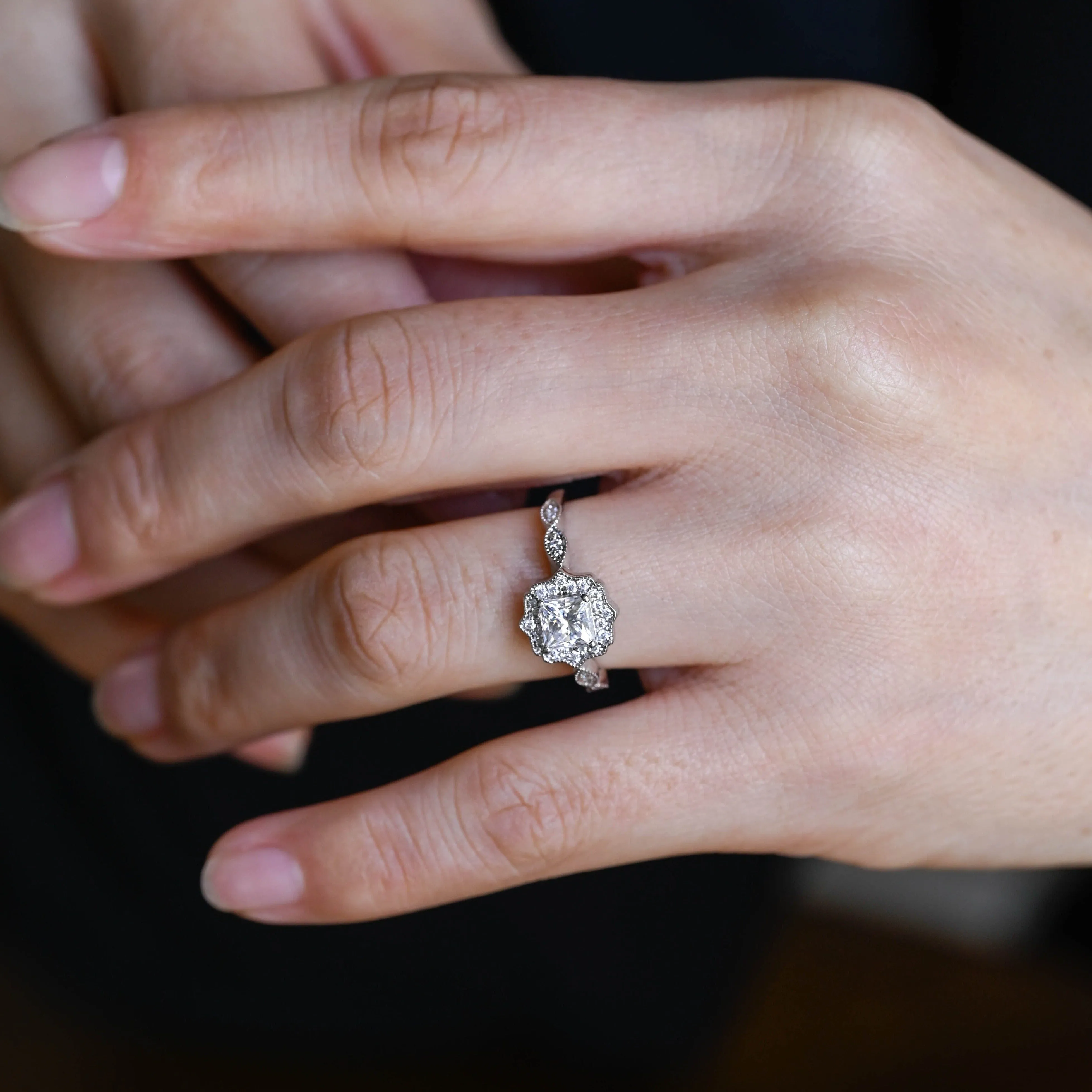 Solid Gold Filigree Princess Cut Moissanite Engagement Rin sold by Causyou product image thumbnail 4