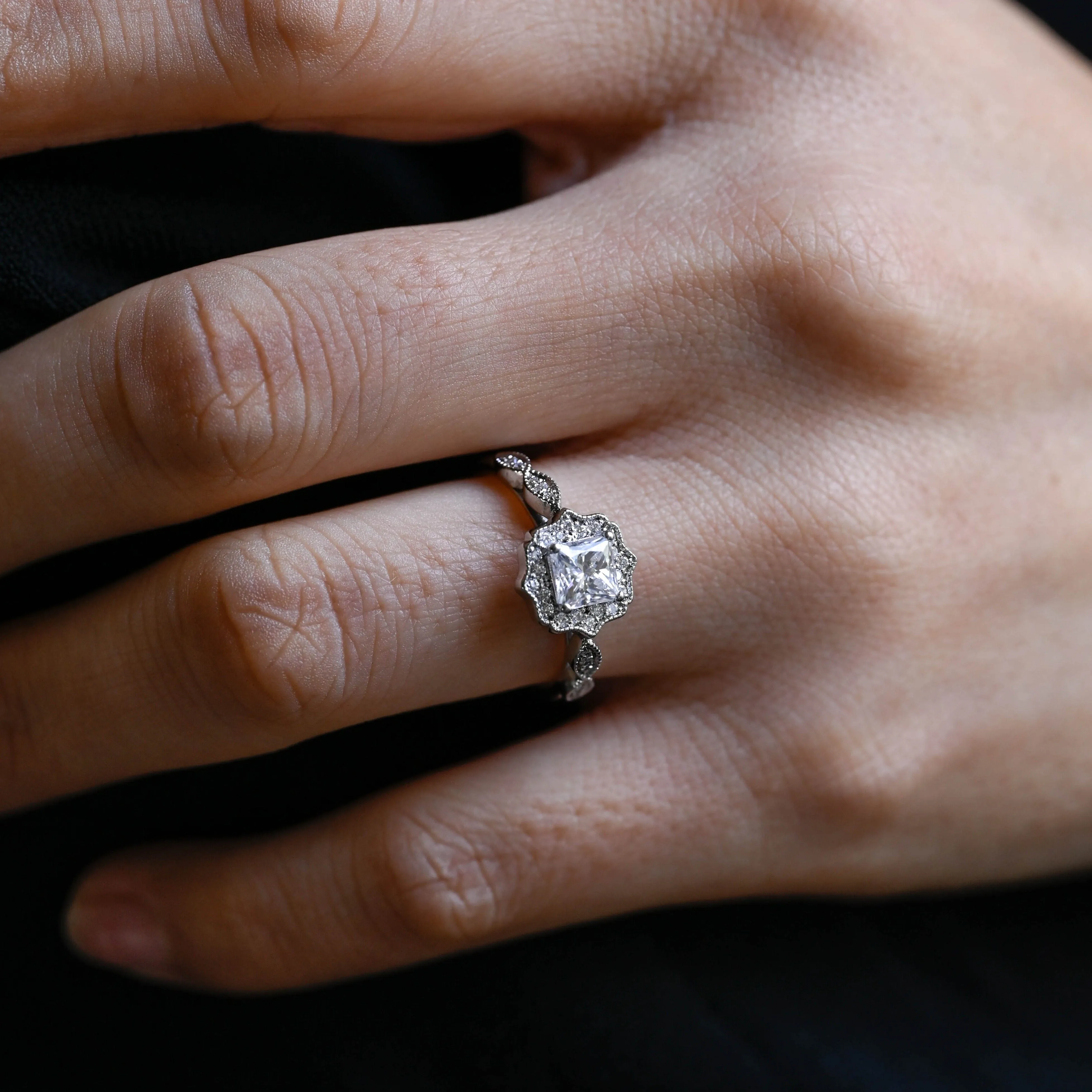 Solid Gold Filigree Princess Cut Moissanite Engagement Rin sold by Causyou product image thumbnail 2