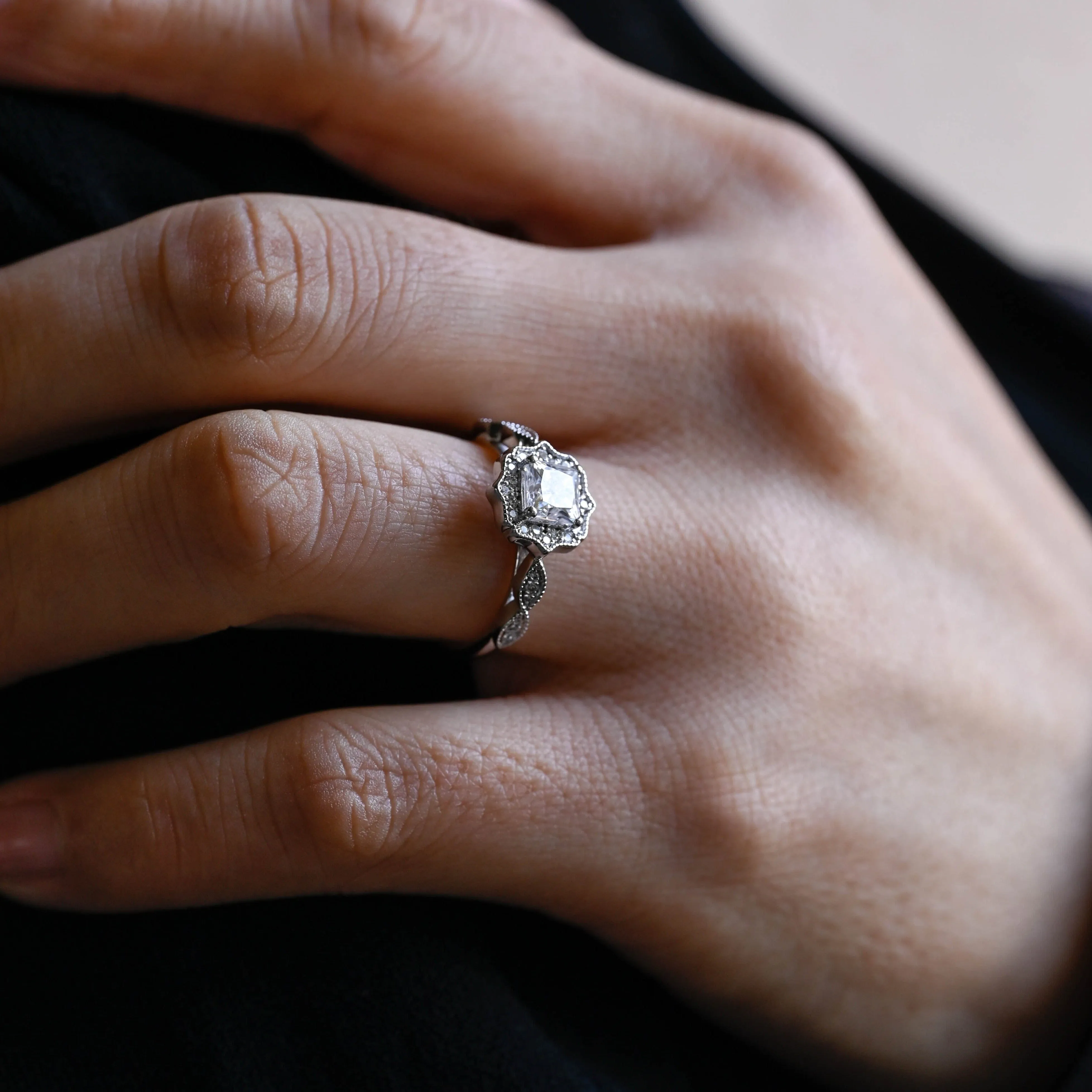 Solid Gold Filigree Princess Cut Moissanite Engagement Rin sold by Causyou product image thumbnail 3