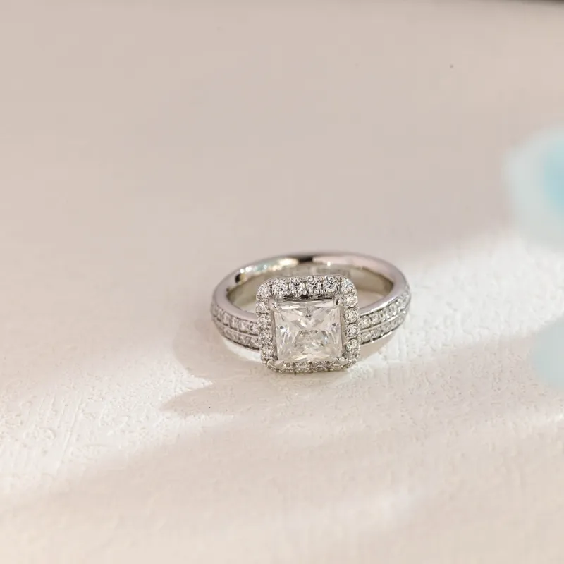 Solid Gold Off-Centre Halo Princess Cut Moissanite Engagement Ring sold by Causyou