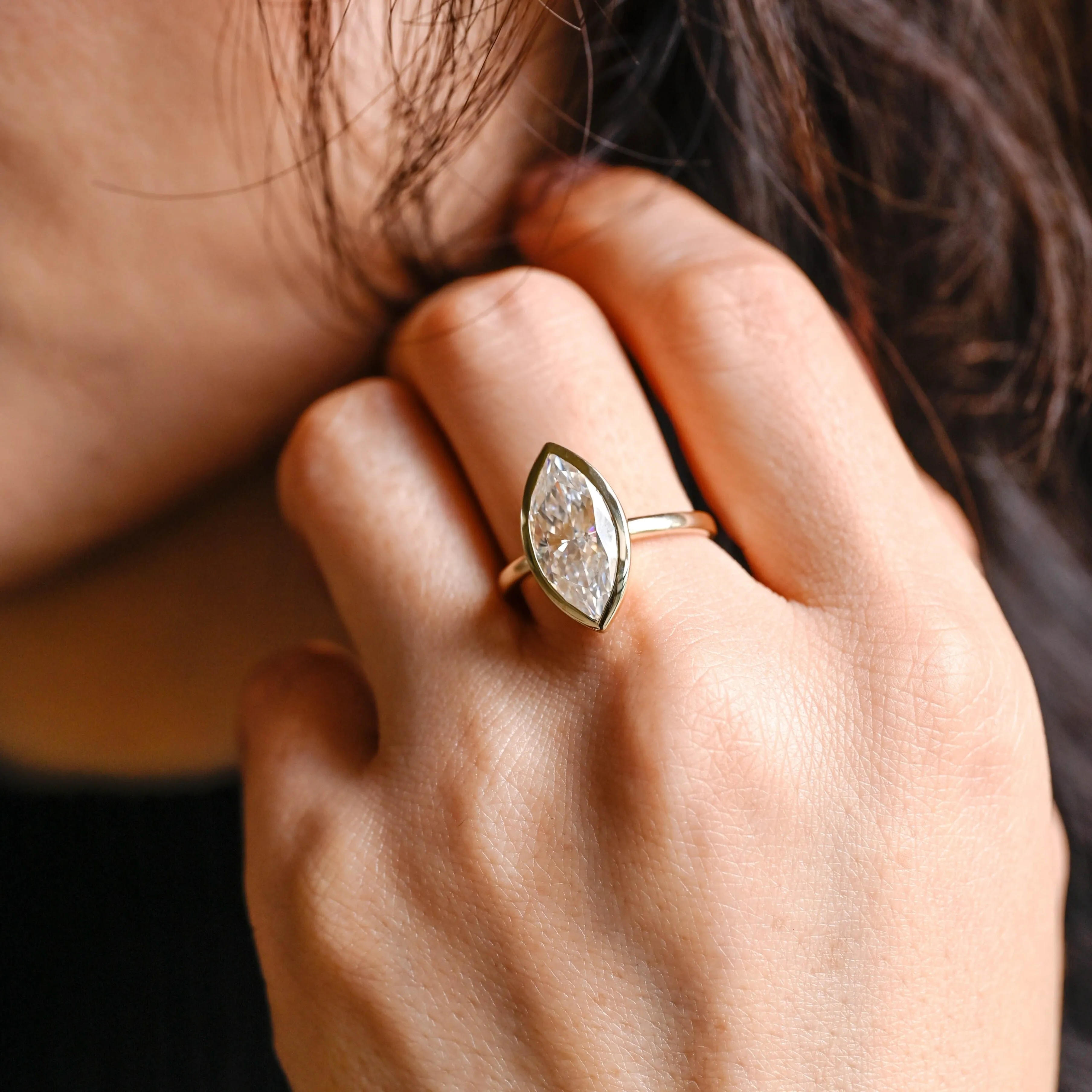 Solid Gold Solitaire Bezel Marquise Cut Moissanite Engagement Ring sold by Causyou product image thumbnail 2