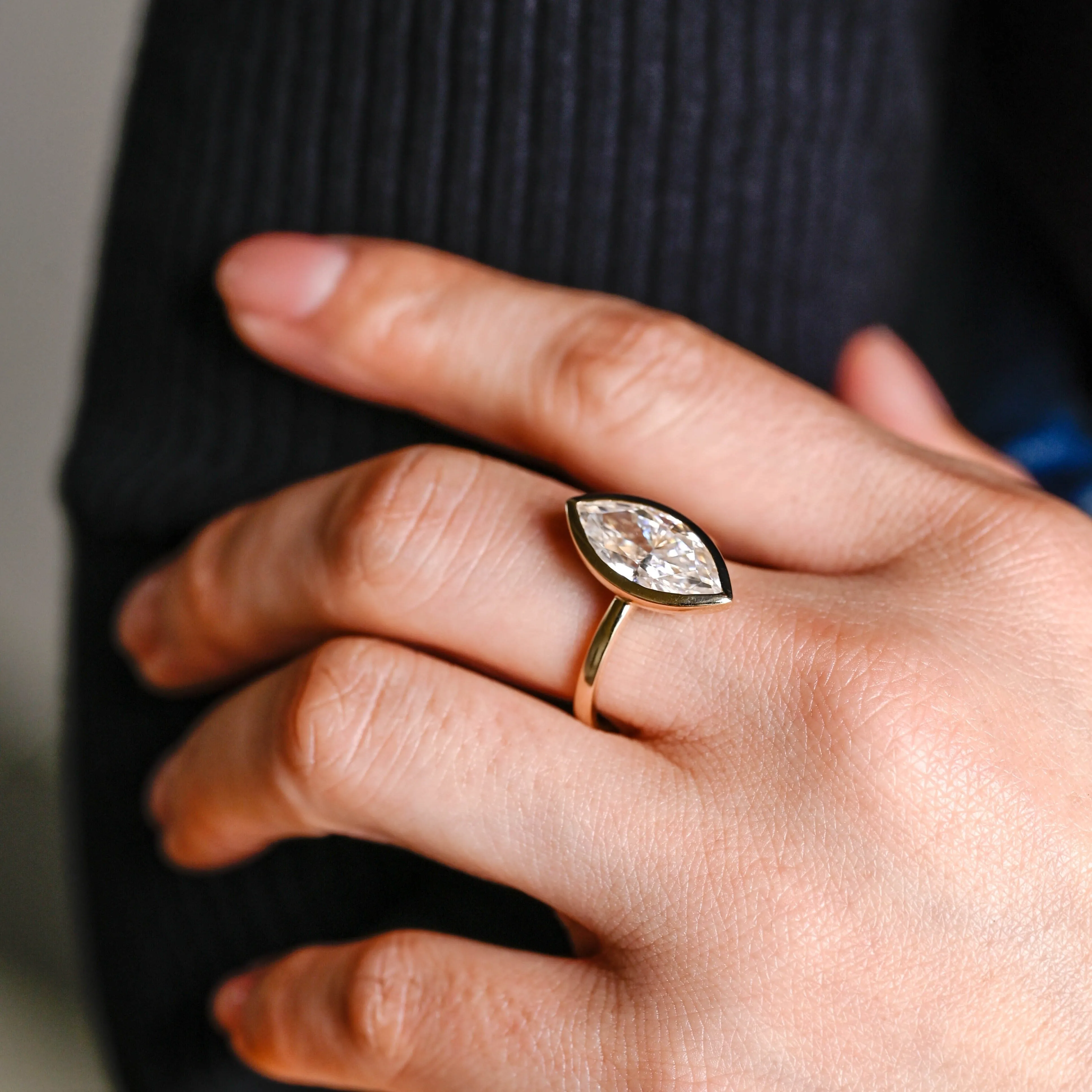 Solid Gold Solitaire Bezel Marquise Cut Moissanite Engagement Ring sold by Causyou product image thumbnail 4