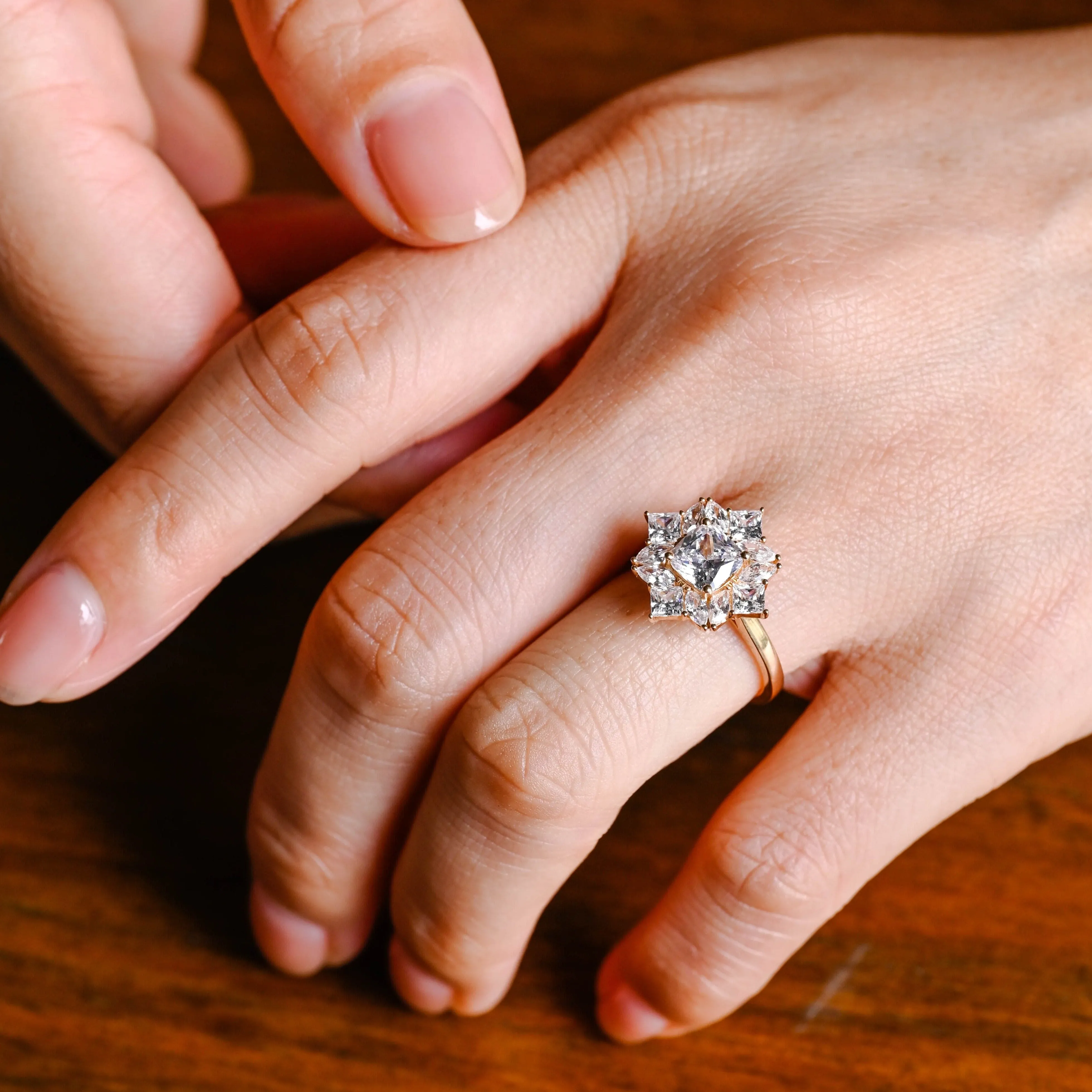 Solid Gold Cluster Cushion Cut Moissanite Engagement Ring sold by Causyou product image thumbnail 2