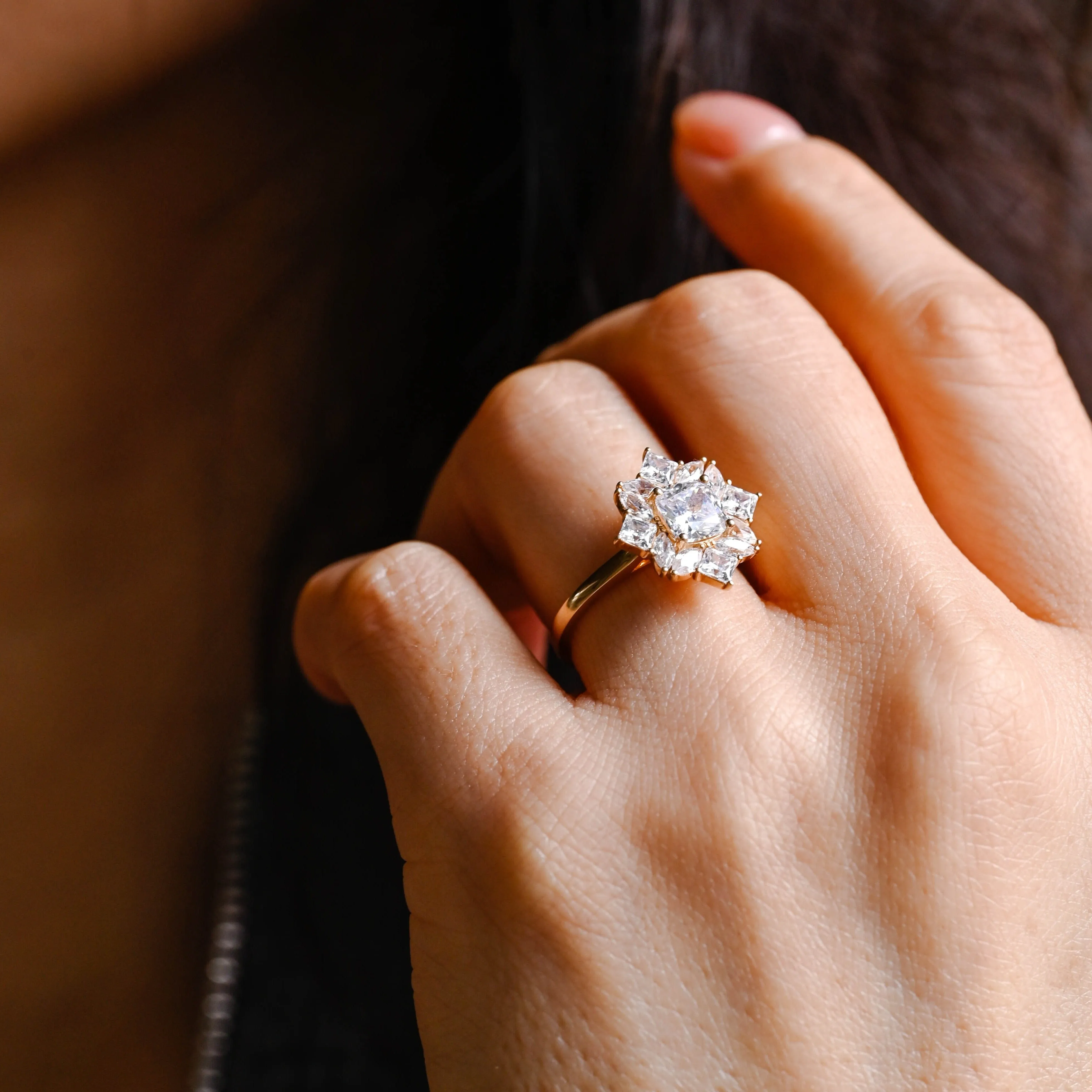 Solid Gold Cluster Cushion Cut Moissanite Engagement Ring sold by Causyou product image thumbnail 3
