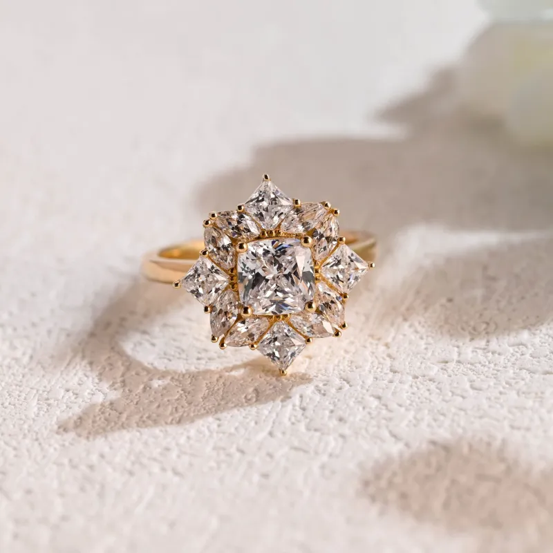 Solid Gold Cluster Cushion Cut Moissanite Engagement Ring sold by Causyou