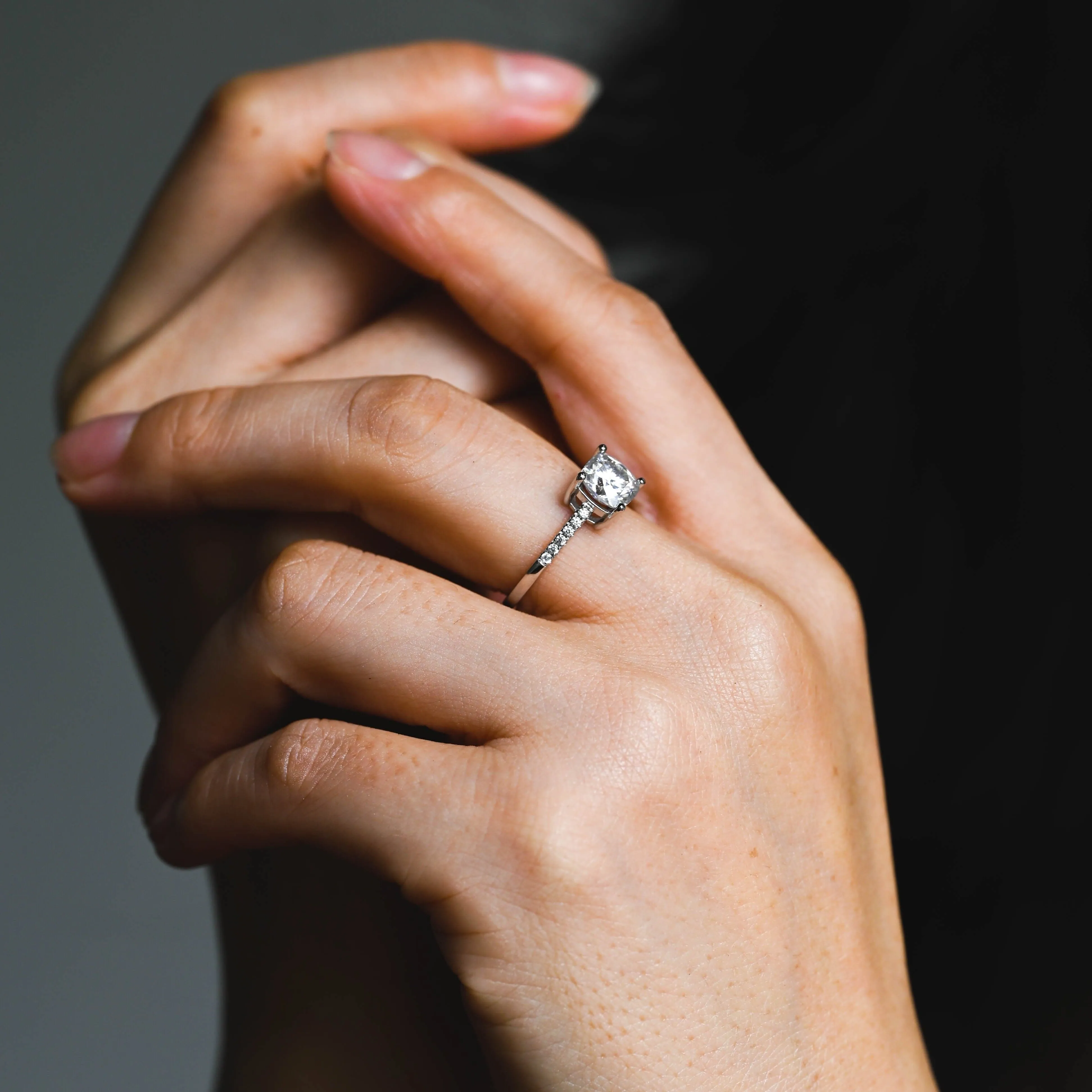 Solid Gold Solitaire Pave Cushion Cut Moissanite Engagement Ring sold by Causyou product image thumbnail 4