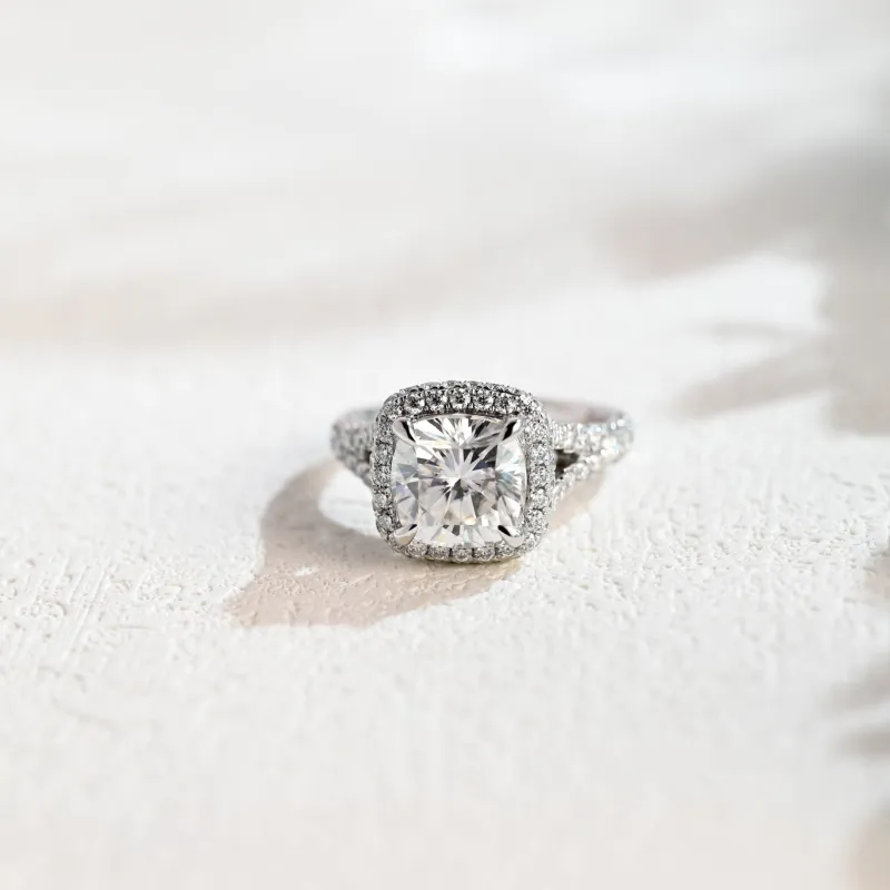Solid Gold Hidden Halo Cushion Cut Moissanite Engagement Ring sold by Causyou