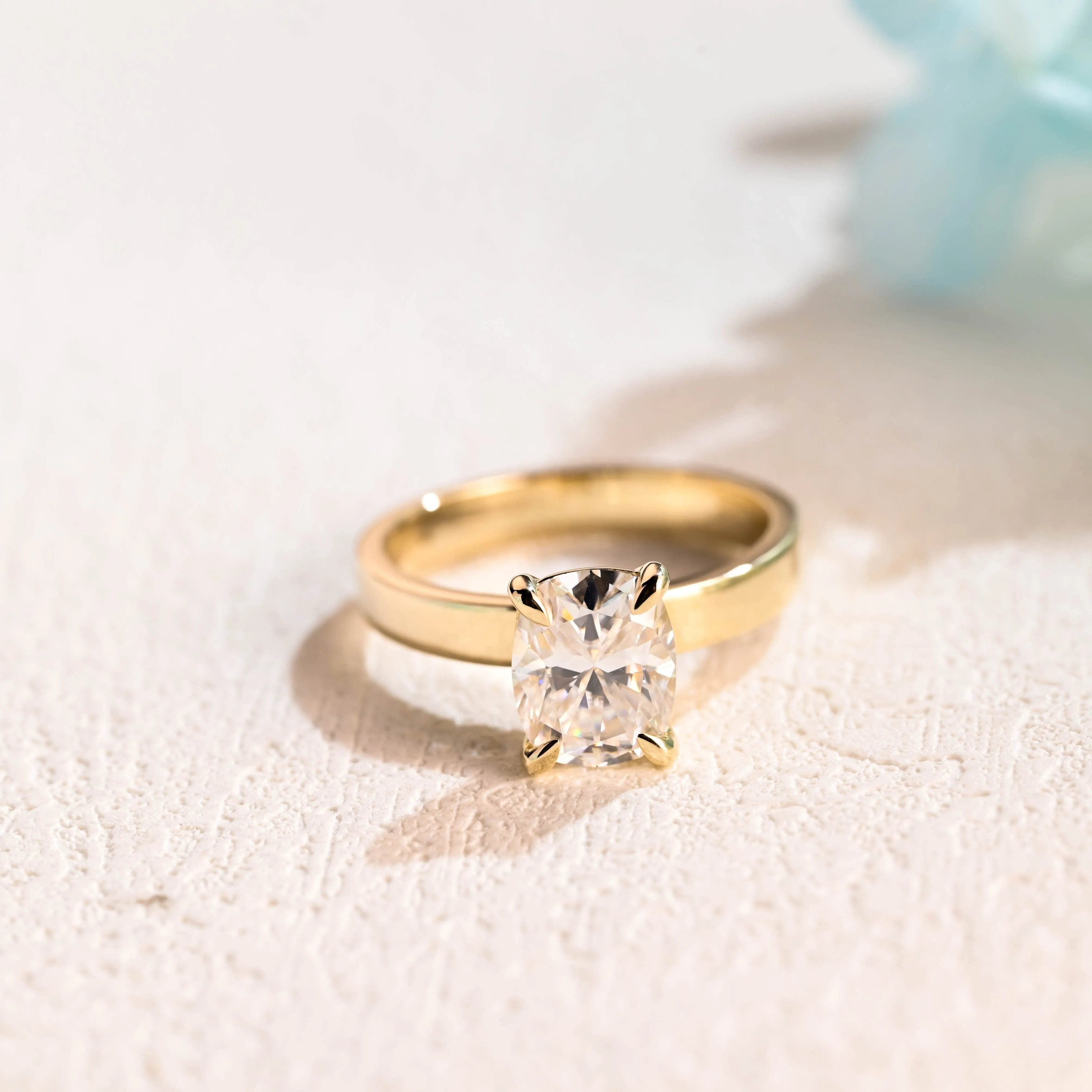 Solid Gold 3mm Width Solitaire Elongated Cushion Cut Moissanite Engagement Ring sold by Causyou