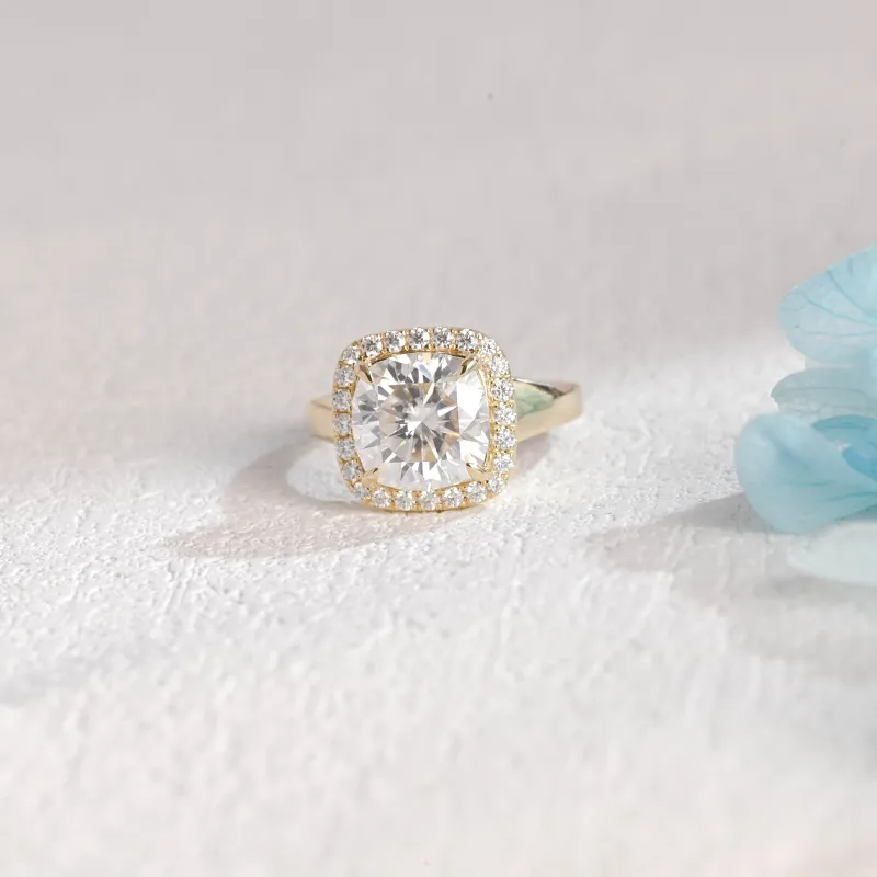 Solid Gold 2.5mm Width Halo Cushion Cut Moissanite Engagement Ring made by Causyou