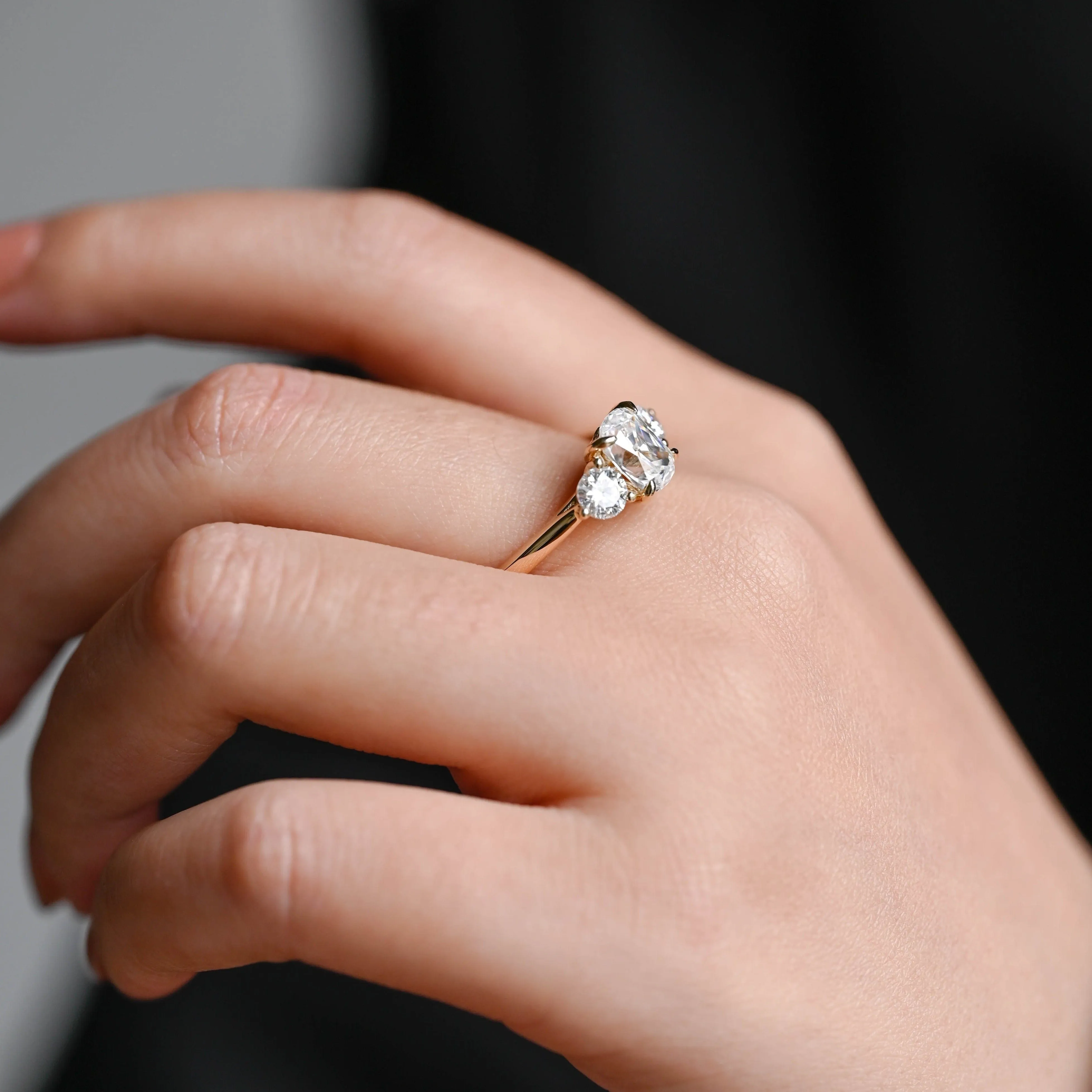 Solid Gold Three Stone Elongated Cushion Cut Moissanite Engagement Ring sold by Causyou product image thumbnail 3