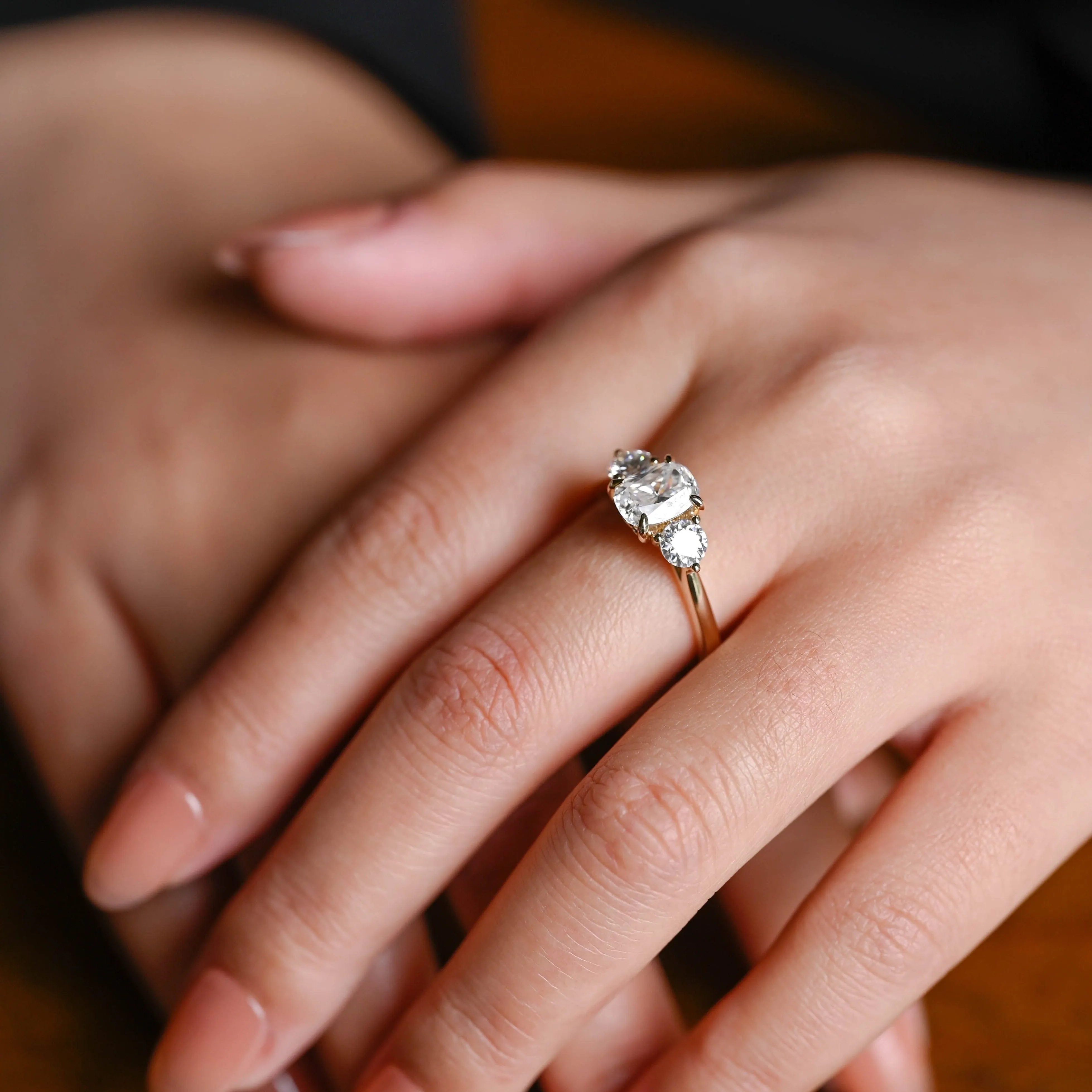 Solid Gold Three Stone Elongated Cushion Cut Moissanite Engagement Ring sold by Causyou product image thumbnail 2