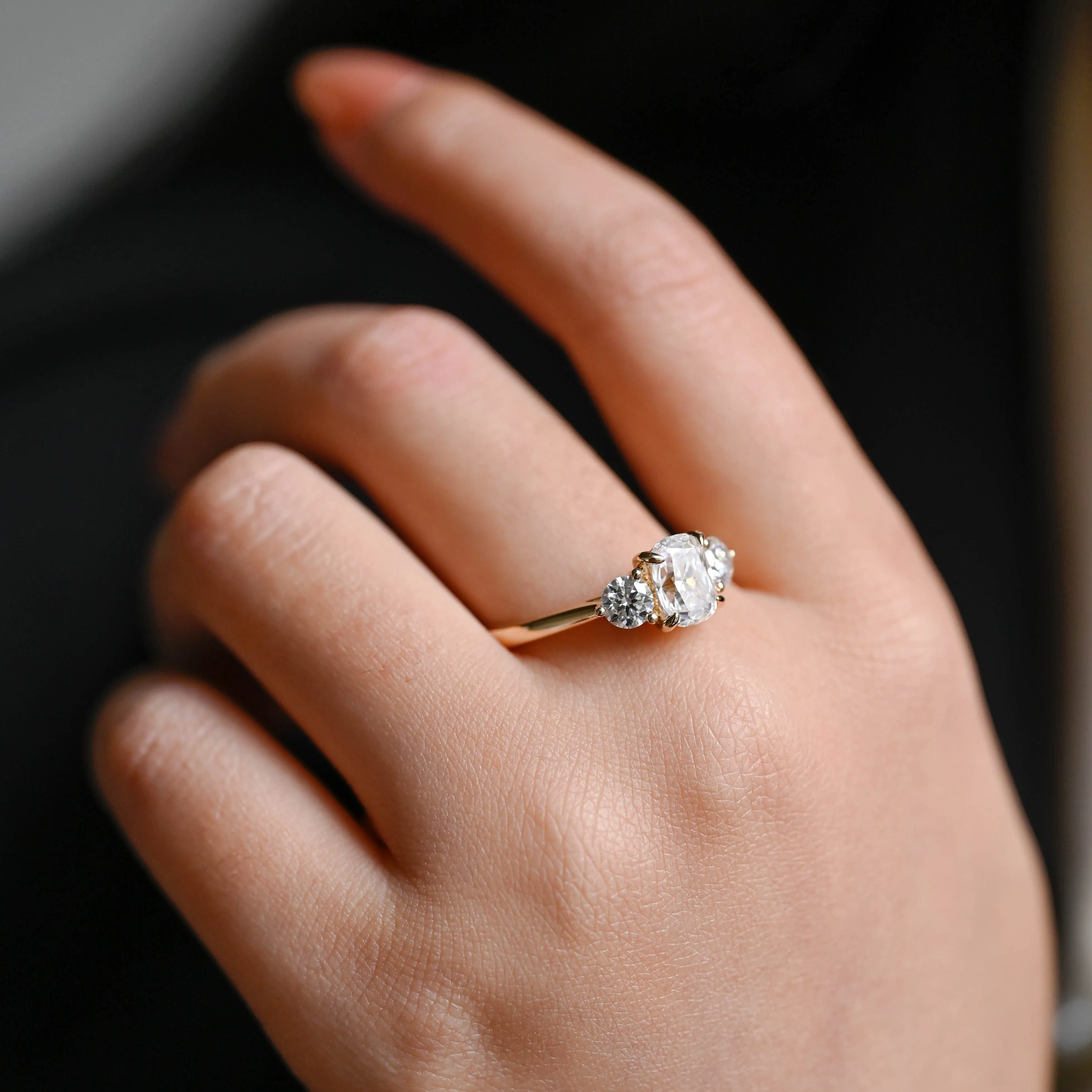 Solid Gold Three Stone Elongated Cushion Cut Moissanite Engagement Ring sold by Causyou product image thumbnail 4