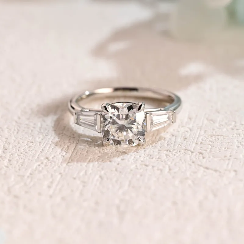 Solid Gold Three Stone Cushion Cut Moissanite Engagement Ring sold by Causyou