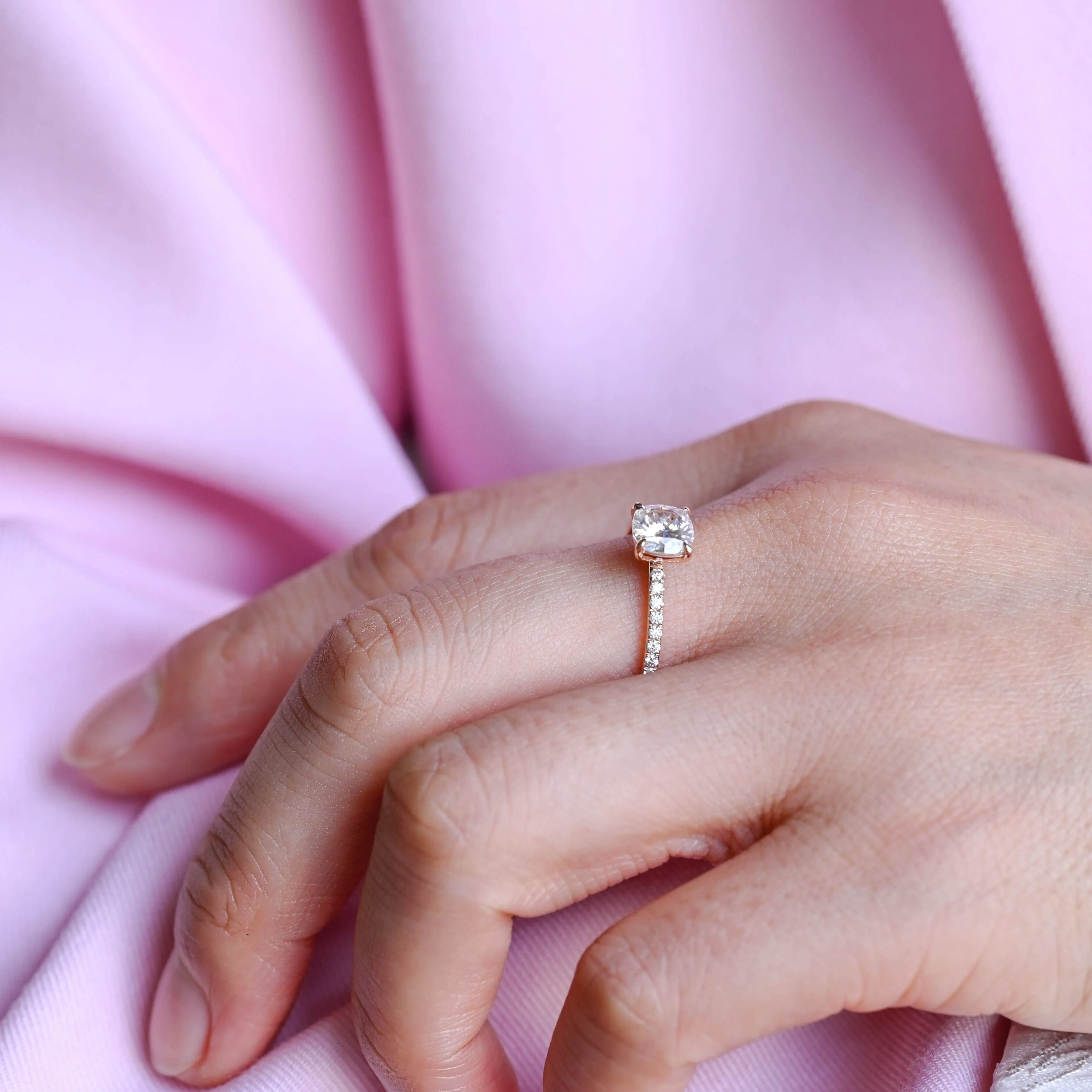 Solid Gold Pave Cushion Cut Moissanite Engagement Ring sold by Causyou product image thumbnail 3