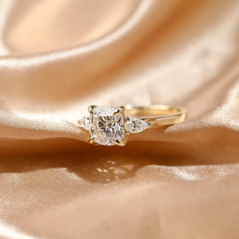 Solid Gold Three Stone Cushion Cut Moissanite Engagement Ring sold by Causyou