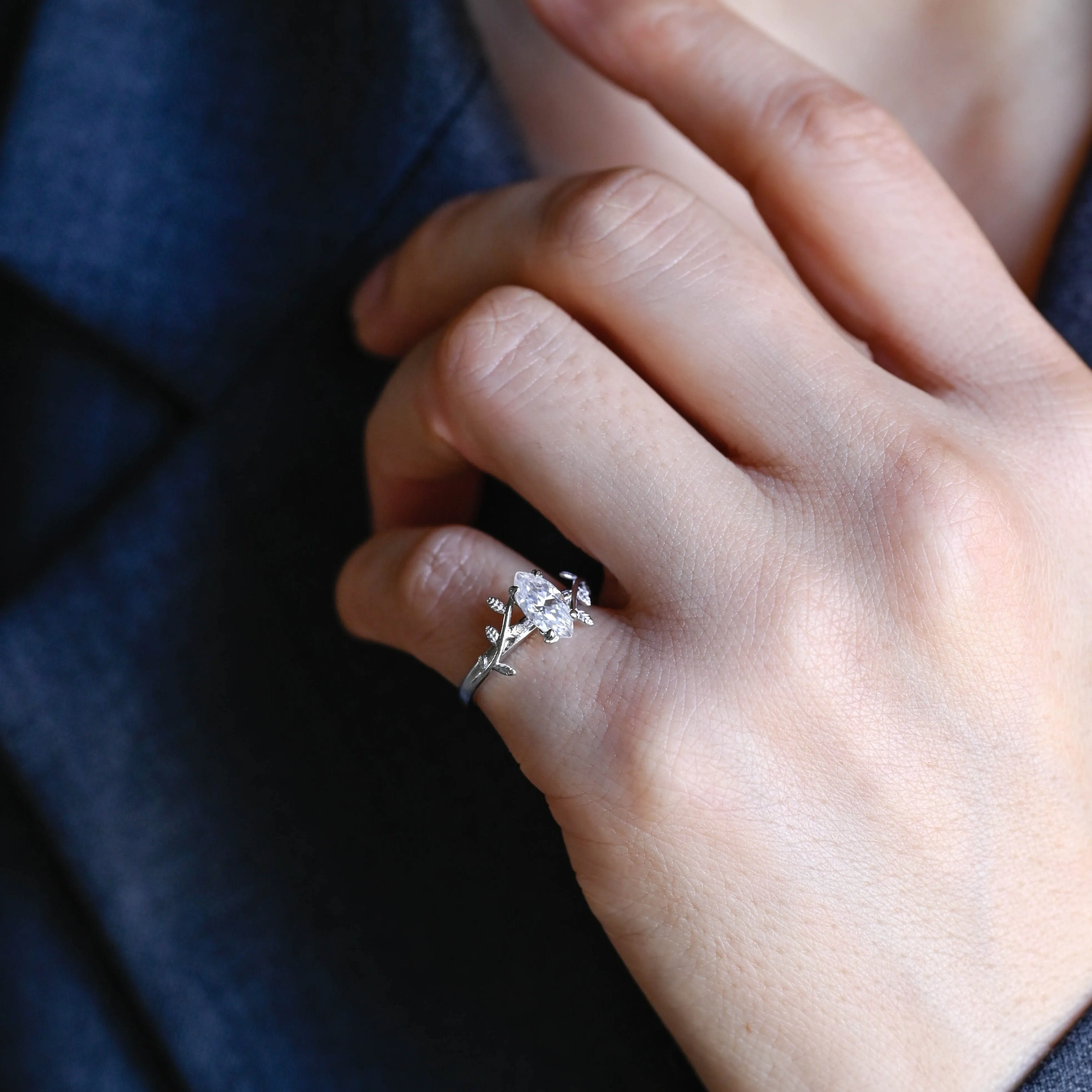 Solid Gold Solitaire Marquise Cut Moissanite Engagement Ring sold by Causyou product image thumbnail 4