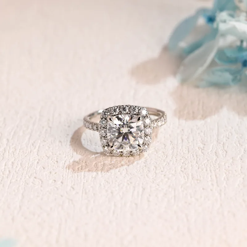 Solid Gold Hidden Halo Cushion Cut Moissanite Engagement Ring sold by Causyou
