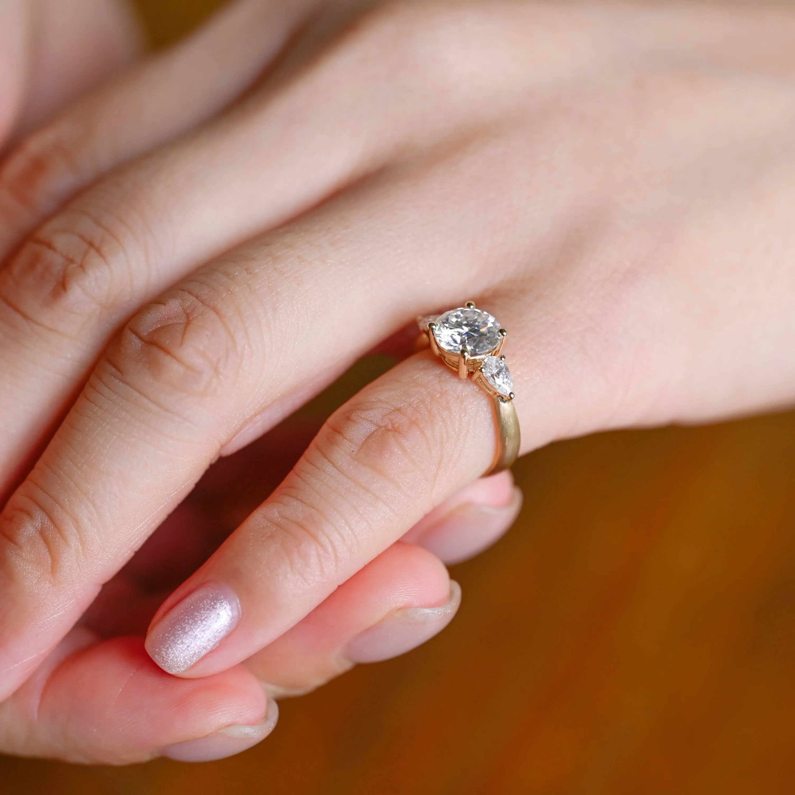 Solid Gold Three Stone 3mm Width Round Cut Moissanite Engagement Ring sold by Causyou product image thumbnail 3