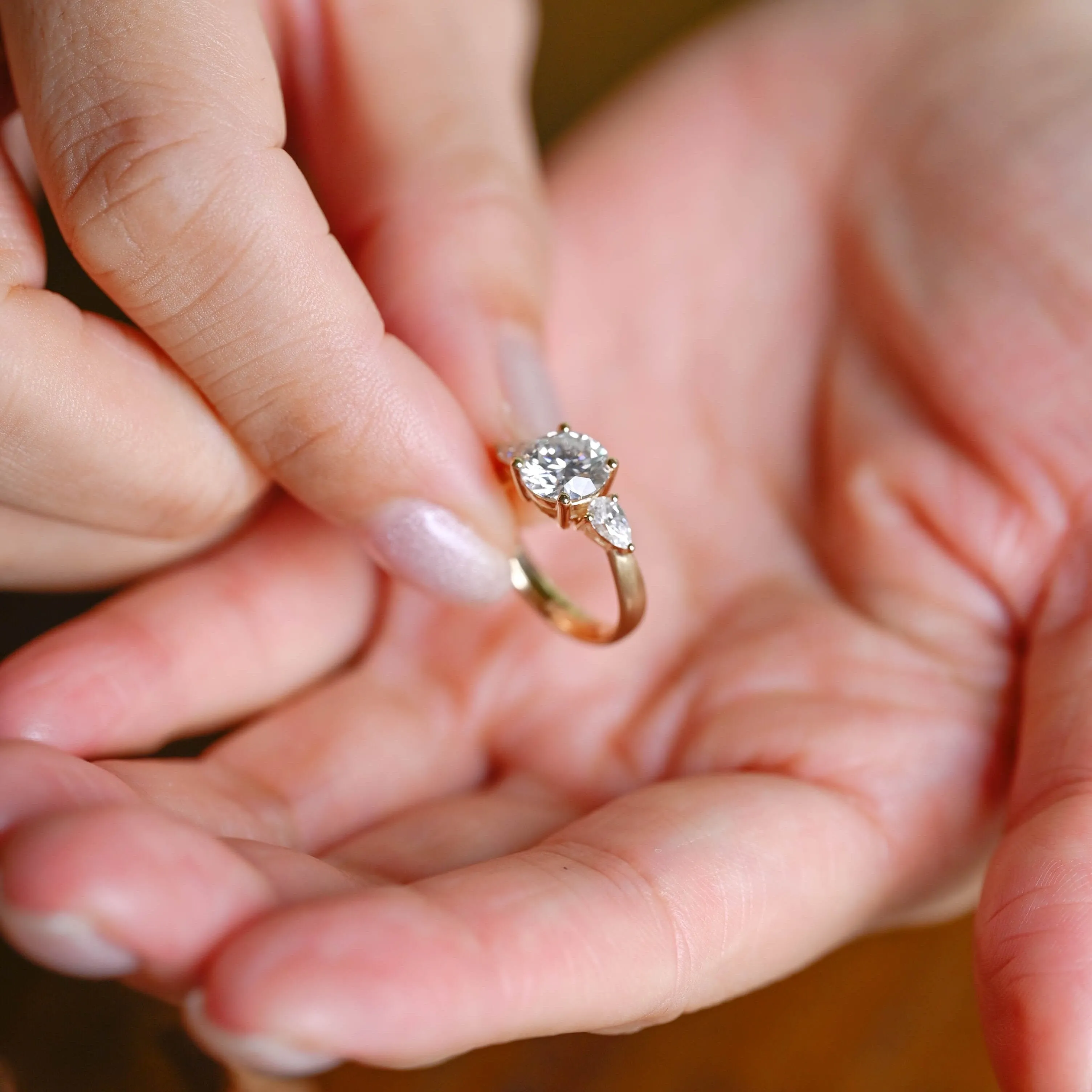 Solid Gold Three Stone 3mm Width Round Cut Moissanite Engagement Ring sold by Causyou product image thumbnail 4