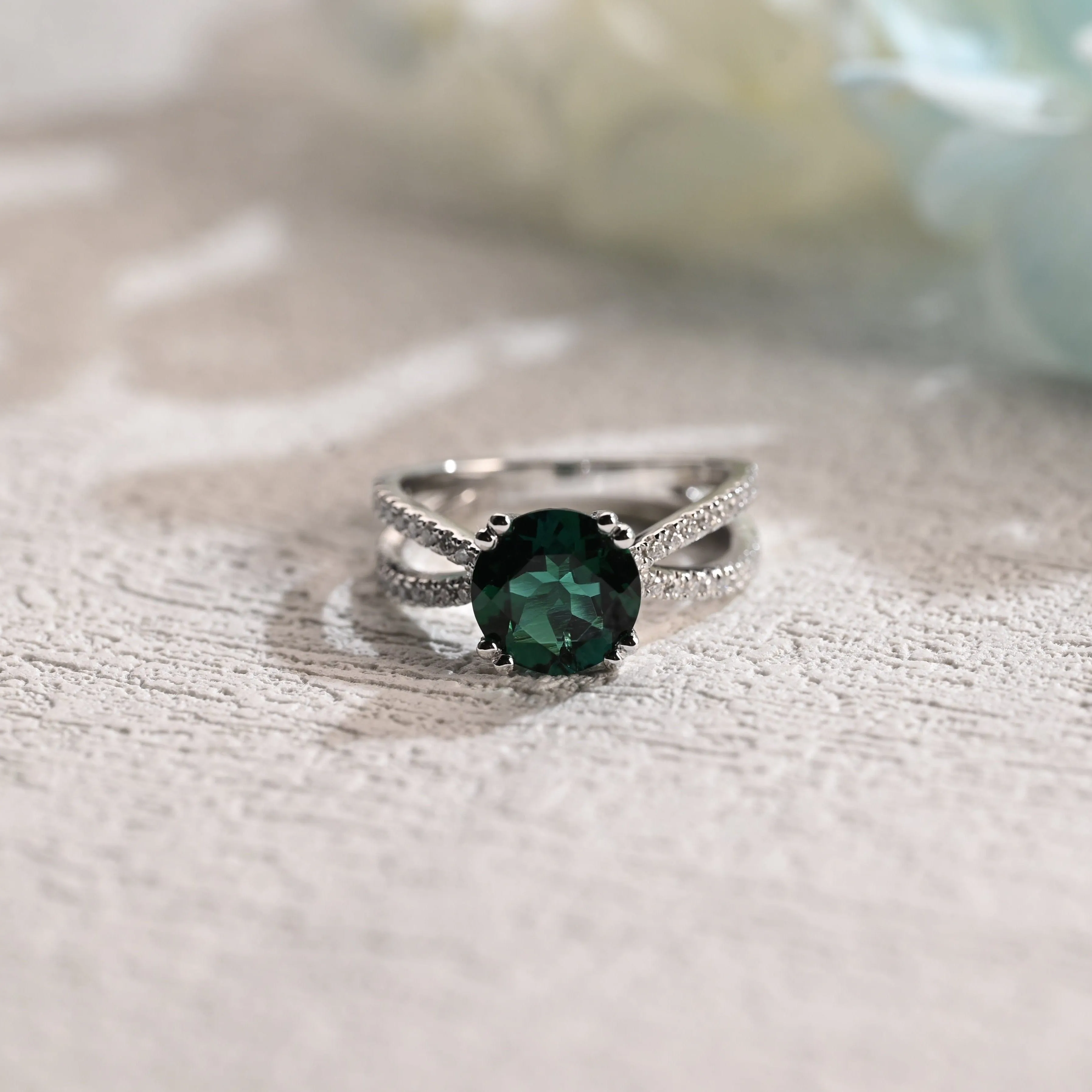 Solid Gold Split Shank Round Cut Lab Emerald Engagement Ring sold by Causyou