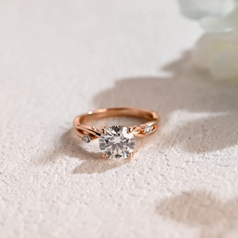 Solid Gold Twist Band Round Cut Moissanite Ring, Leaf Wedding Ring sold by Causyou