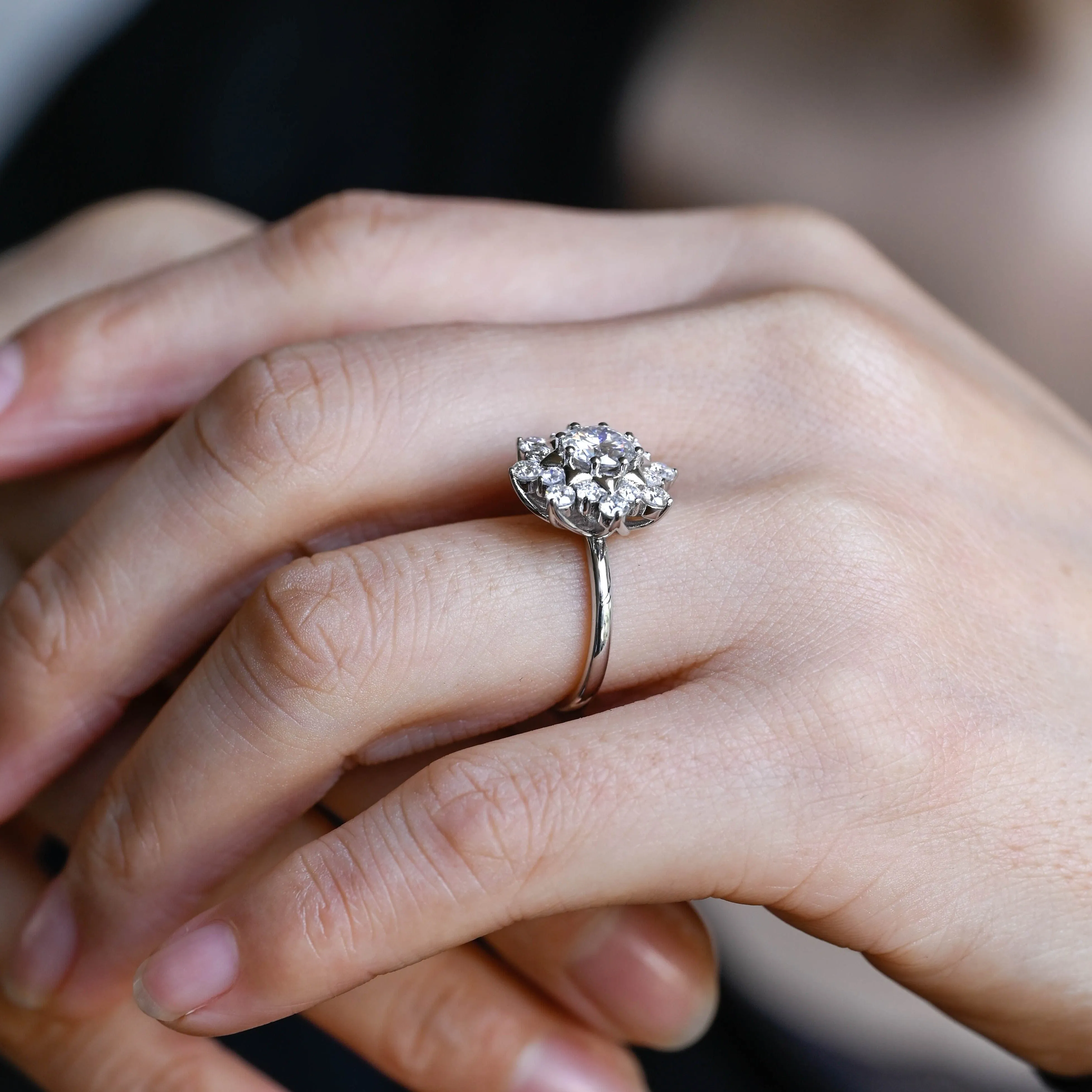 Solid Gold Floral Halo Round Cut Moissanite Engagement Ring sold by Causyou product image thumbnail 3