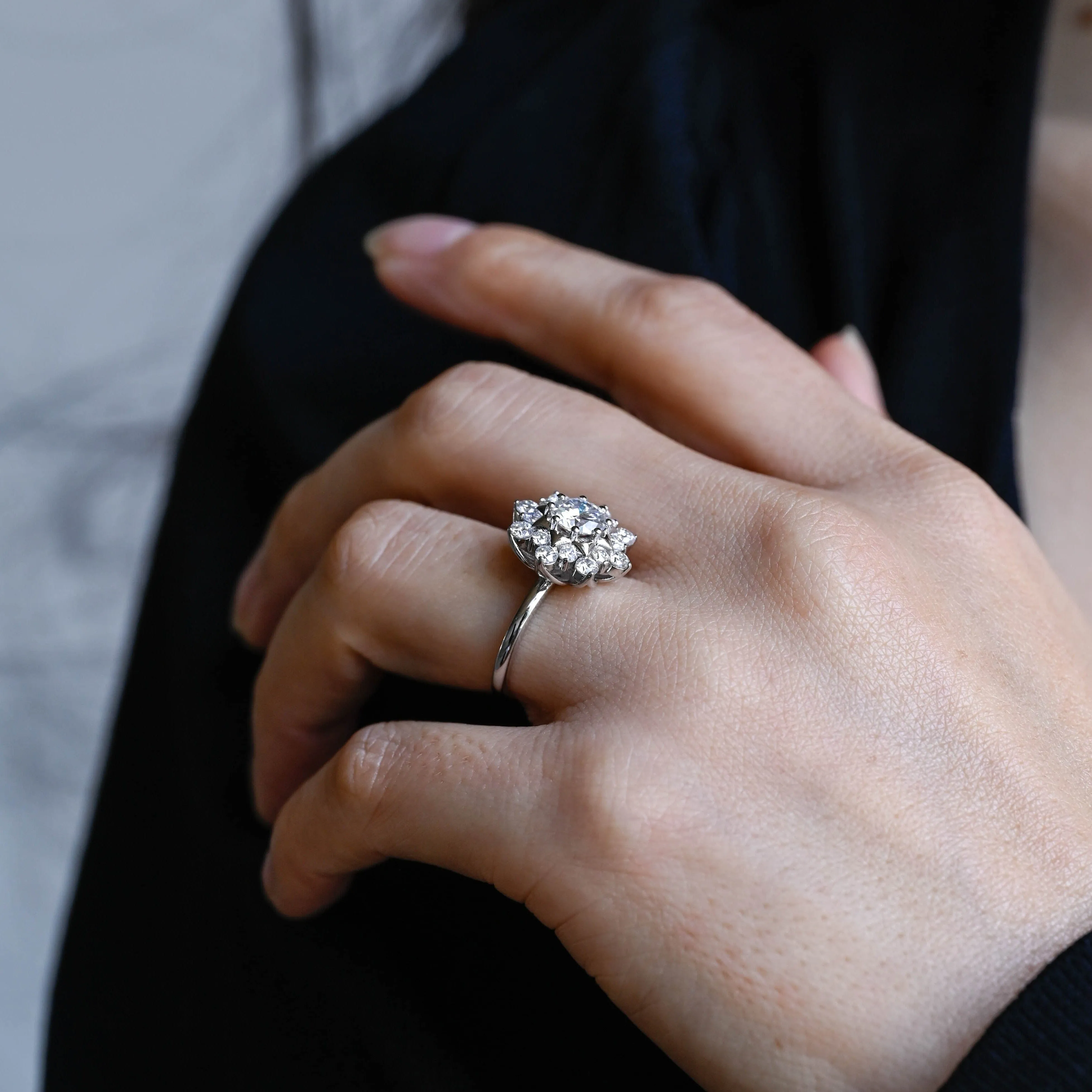 Solid Gold Floral Halo Round Cut Moissanite Engagement Ring sold by Causyou product image thumbnail 4