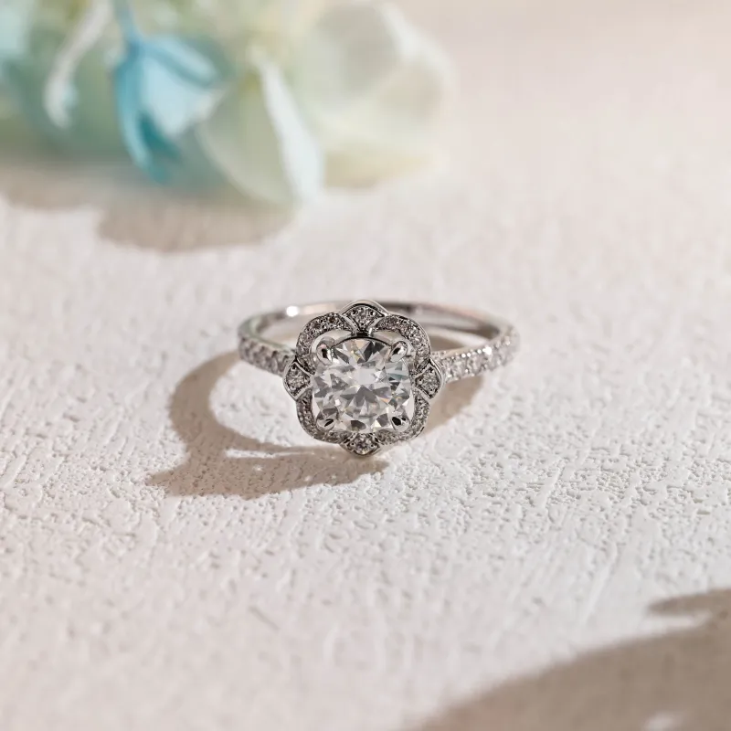 Solid Gold Milgrain Halo Round Cut Moissanite Engagement Ring sold by Causyou
