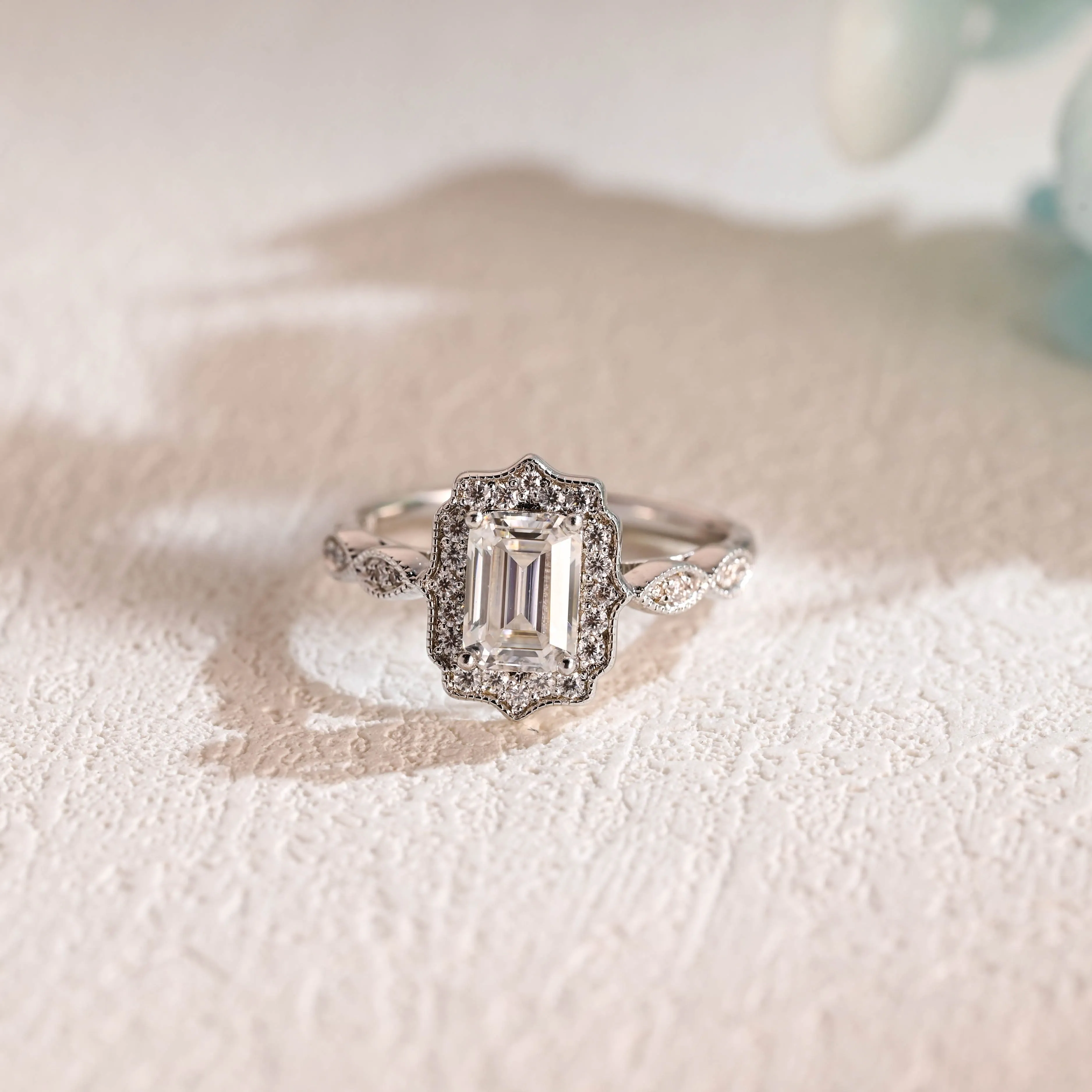 Solid Gold Filigree Emerald Cut Moissanite Engagement Ring sold by Causyou