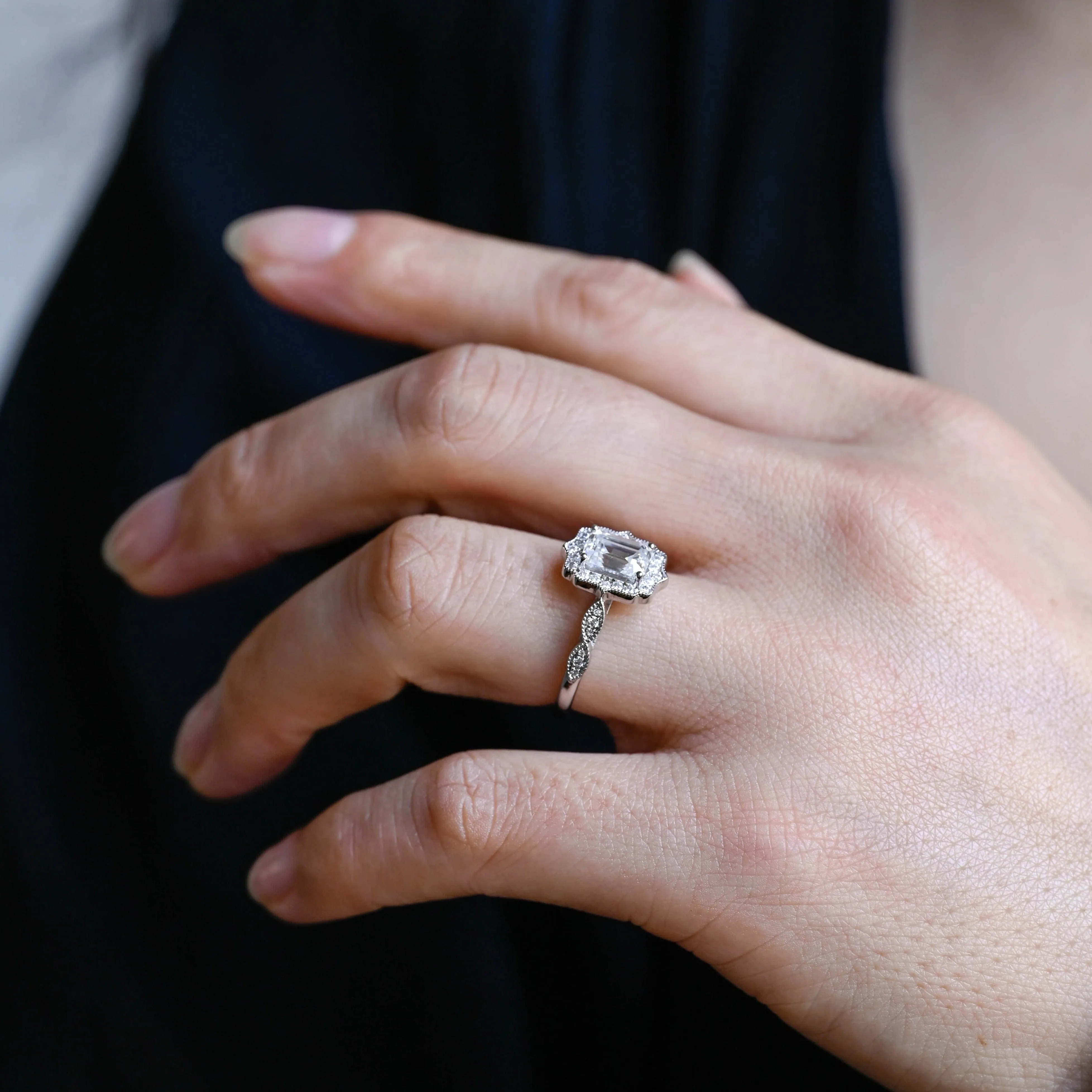 Solid Gold Filigree Emerald Cut Moissanite Engagement Ring sold by Causyou product image thumbnail 5