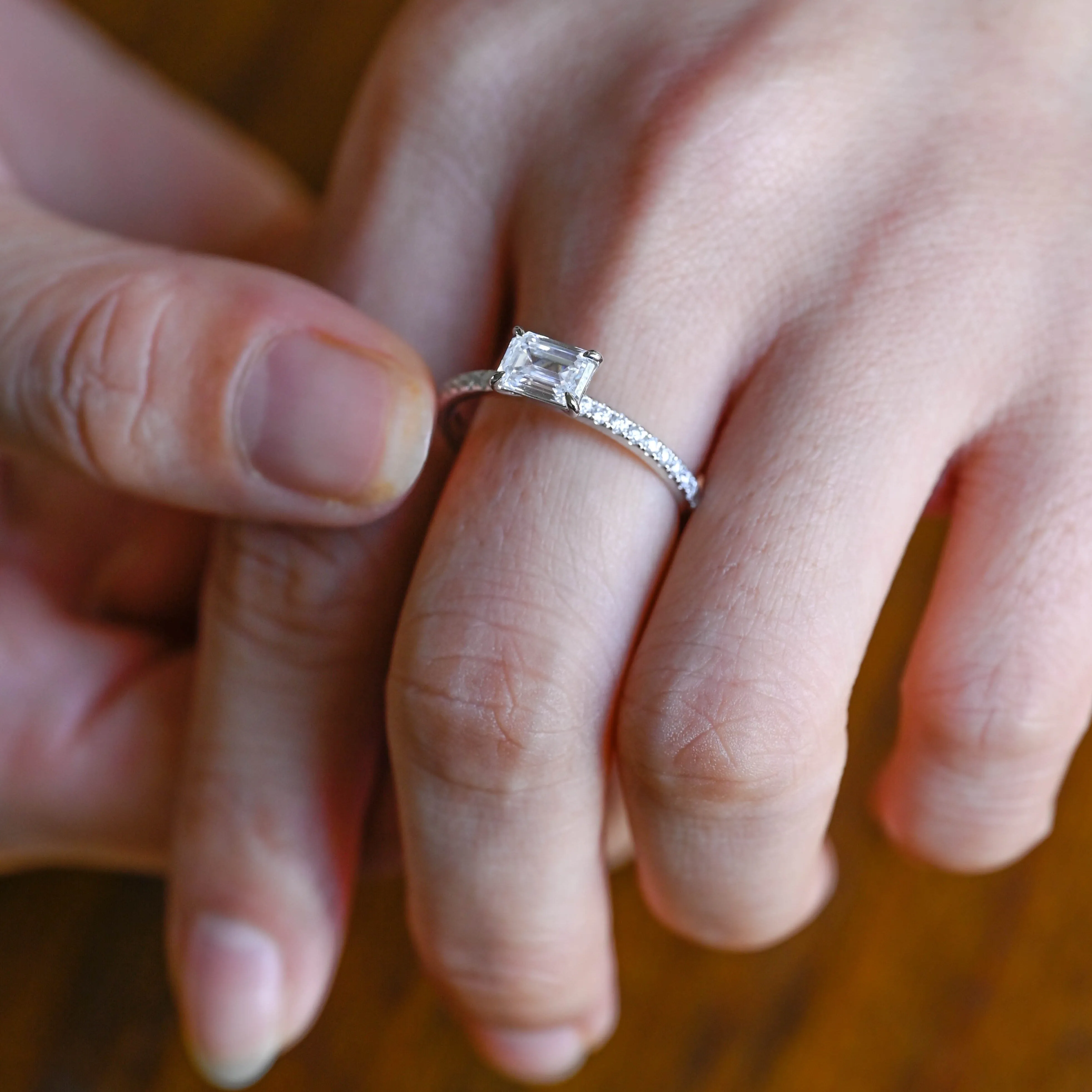 Solid Gold East-West Emerald Cut Moissanite Engagement Ring sold by Causyou product image thumbnail 4