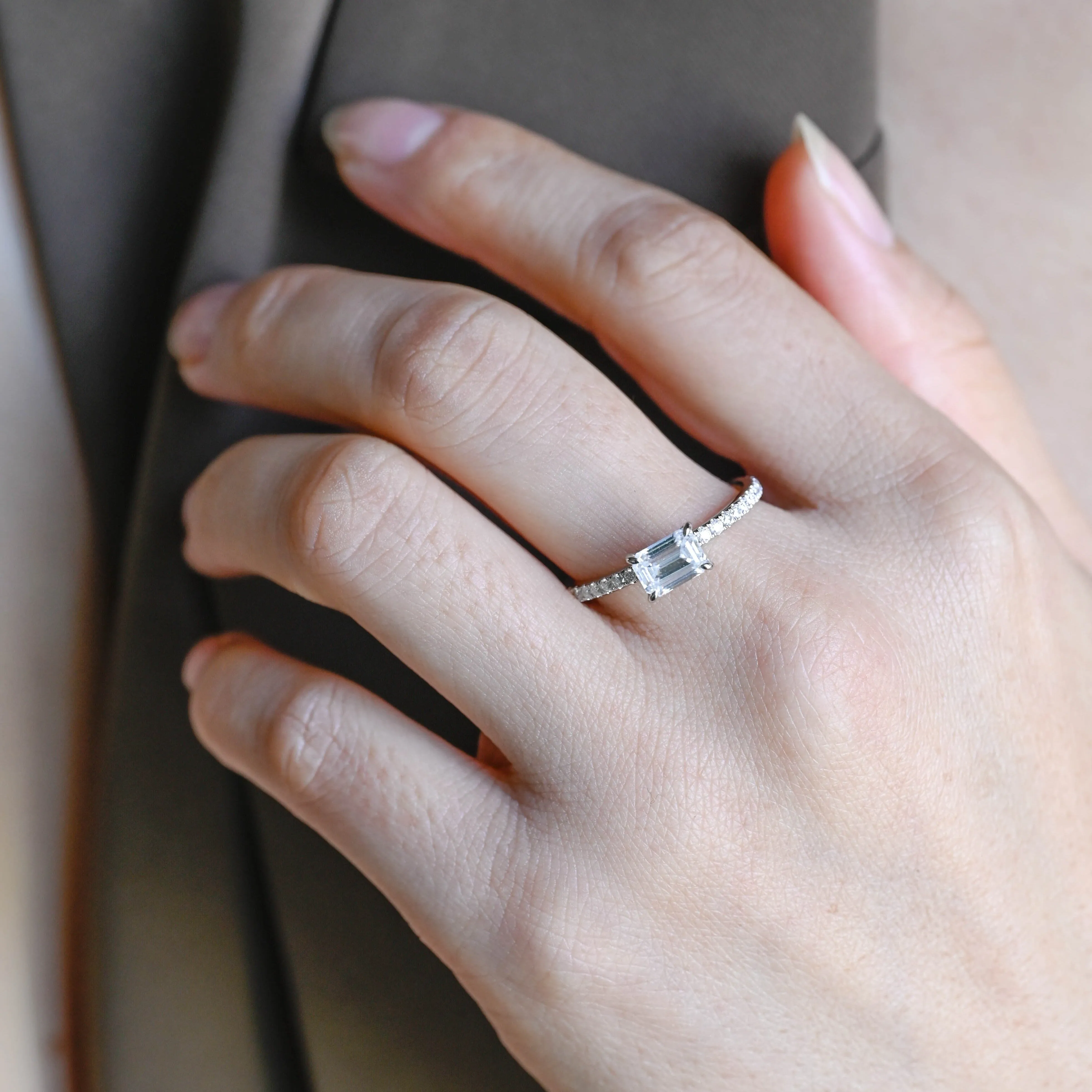 Solid Gold East-West Emerald Cut Moissanite Engagement Ring sold by Causyou product image thumbnail 2