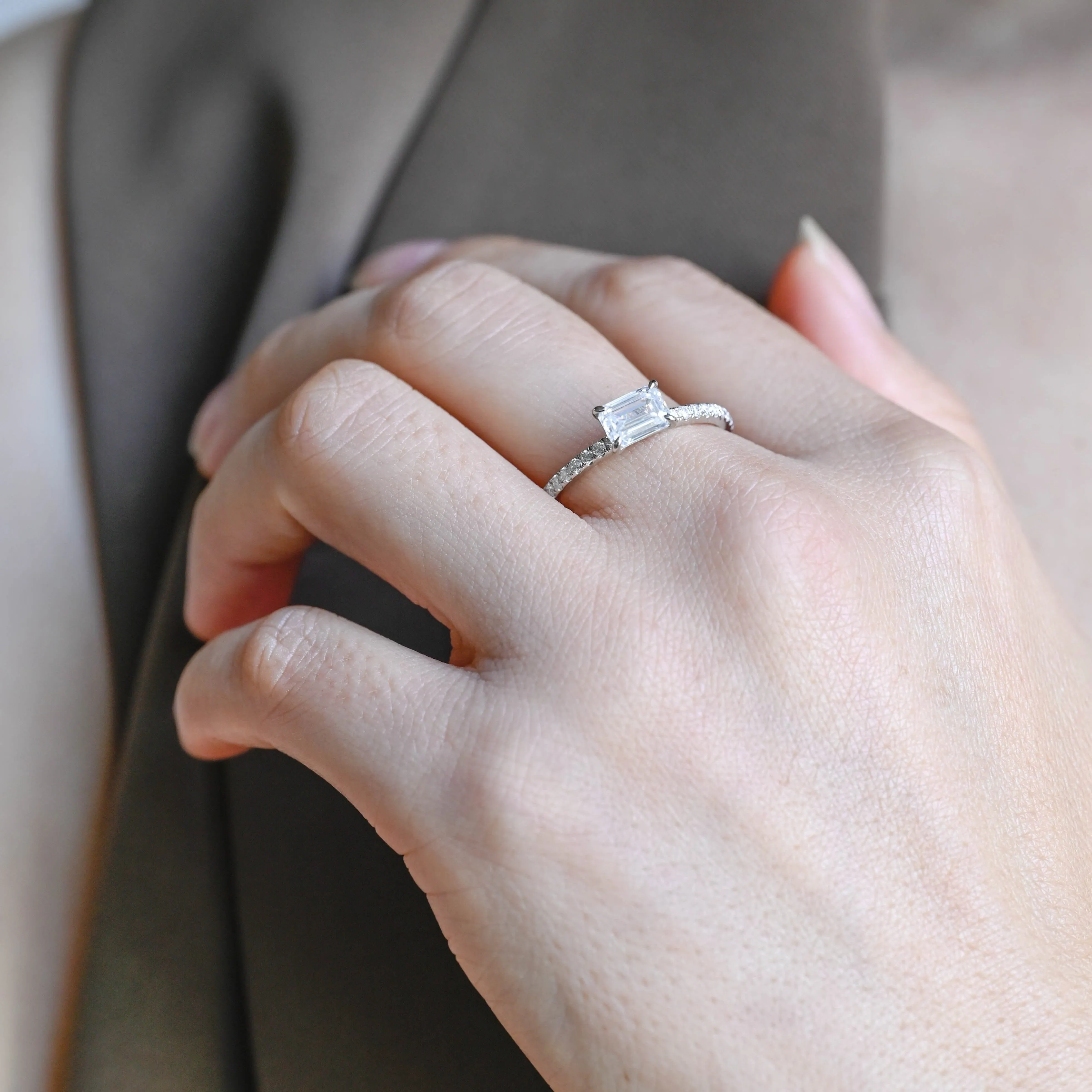 Solid Gold East-West Emerald Cut Moissanite Engagement Ring sold by Causyou product image thumbnail 3