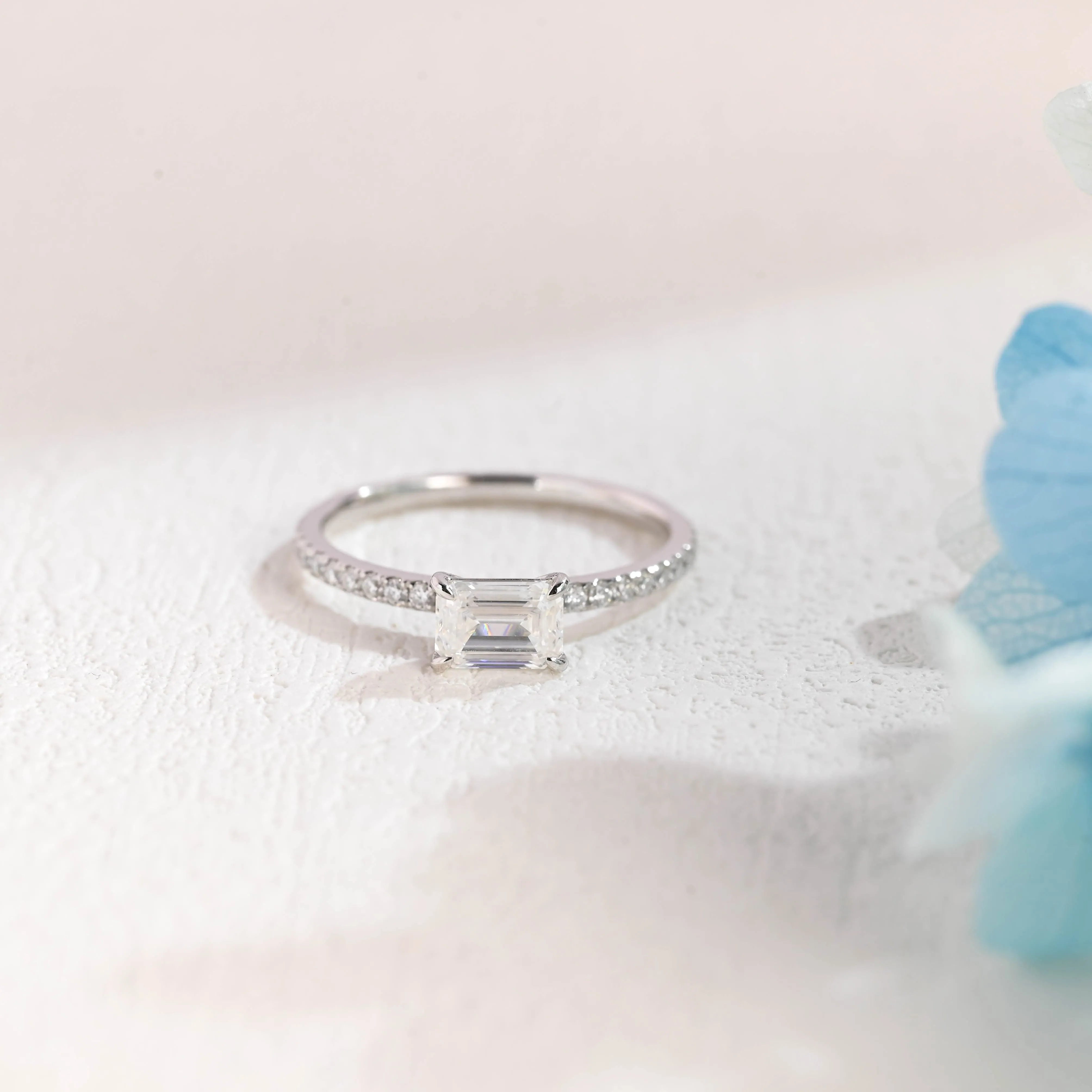 Solid Gold East-West Emerald Cut Moissanite Engagement Ring sold by Causyou