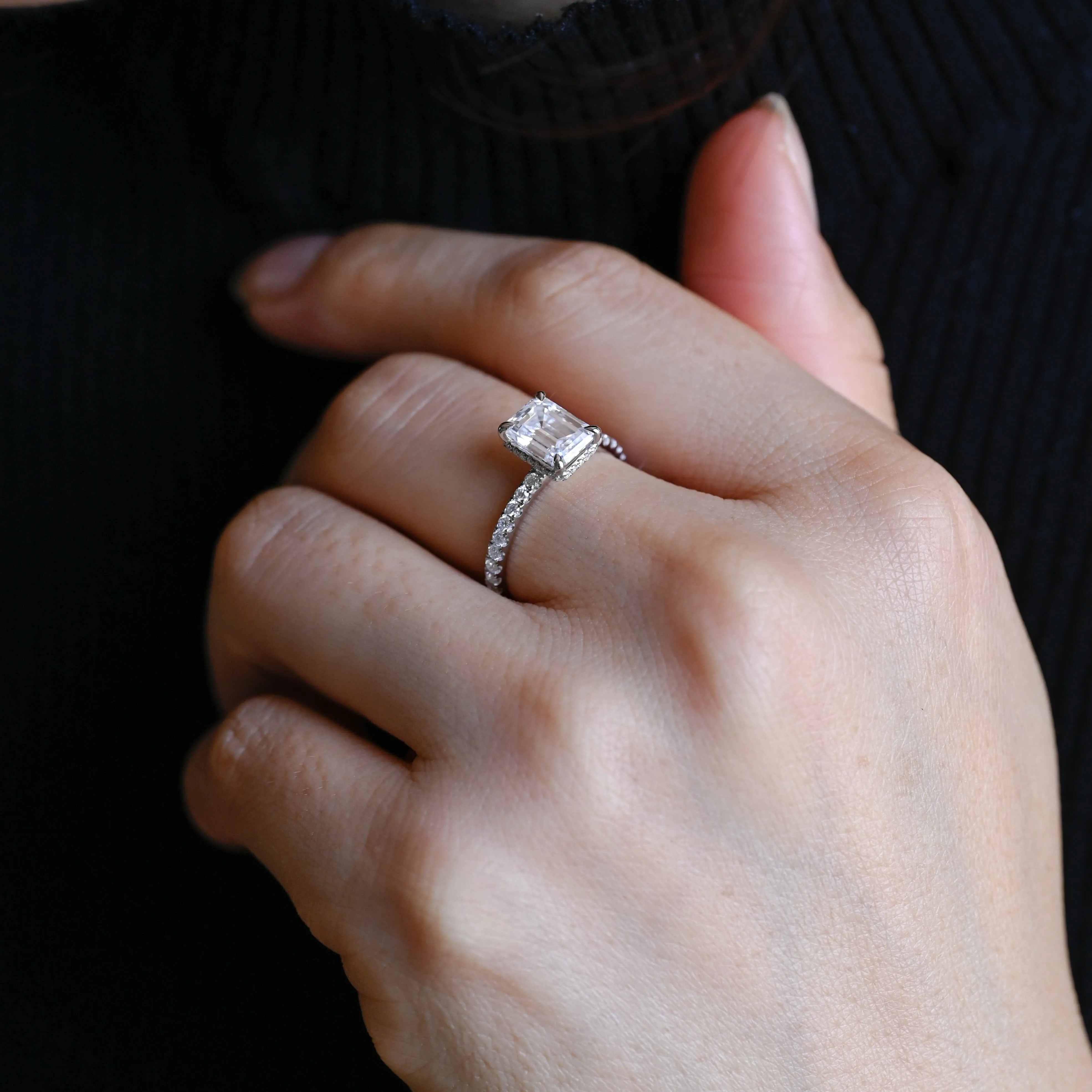 Solid Gold Emerald Cut Moissanite Engagement Ring with Hidden Halo sold by Causyou product image thumbnail 2